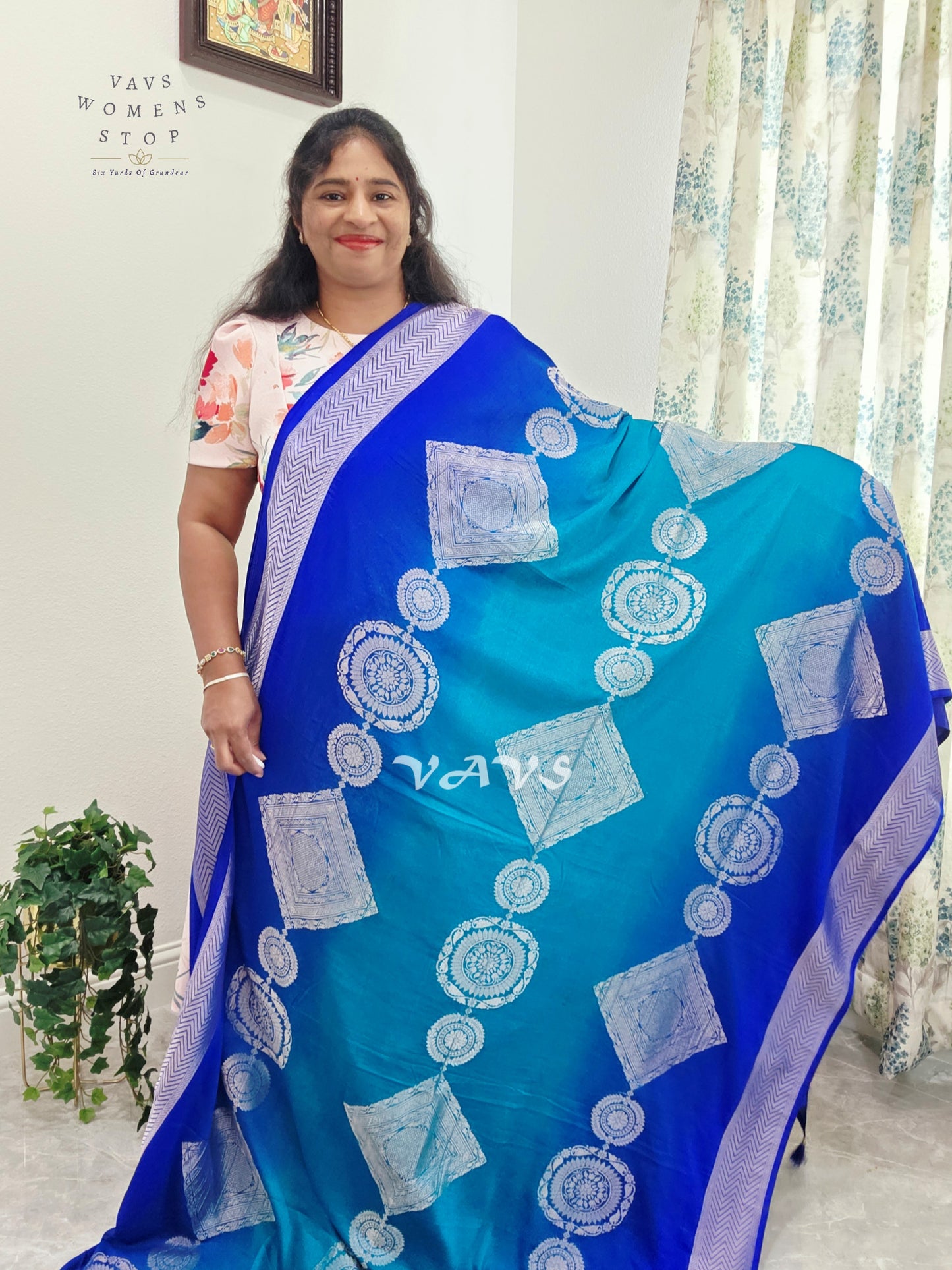Royal Sapphire & Peacock Turquoise Shaded Chiffon Saree with Silver Motifs & Stitched Blouse Size 38-44