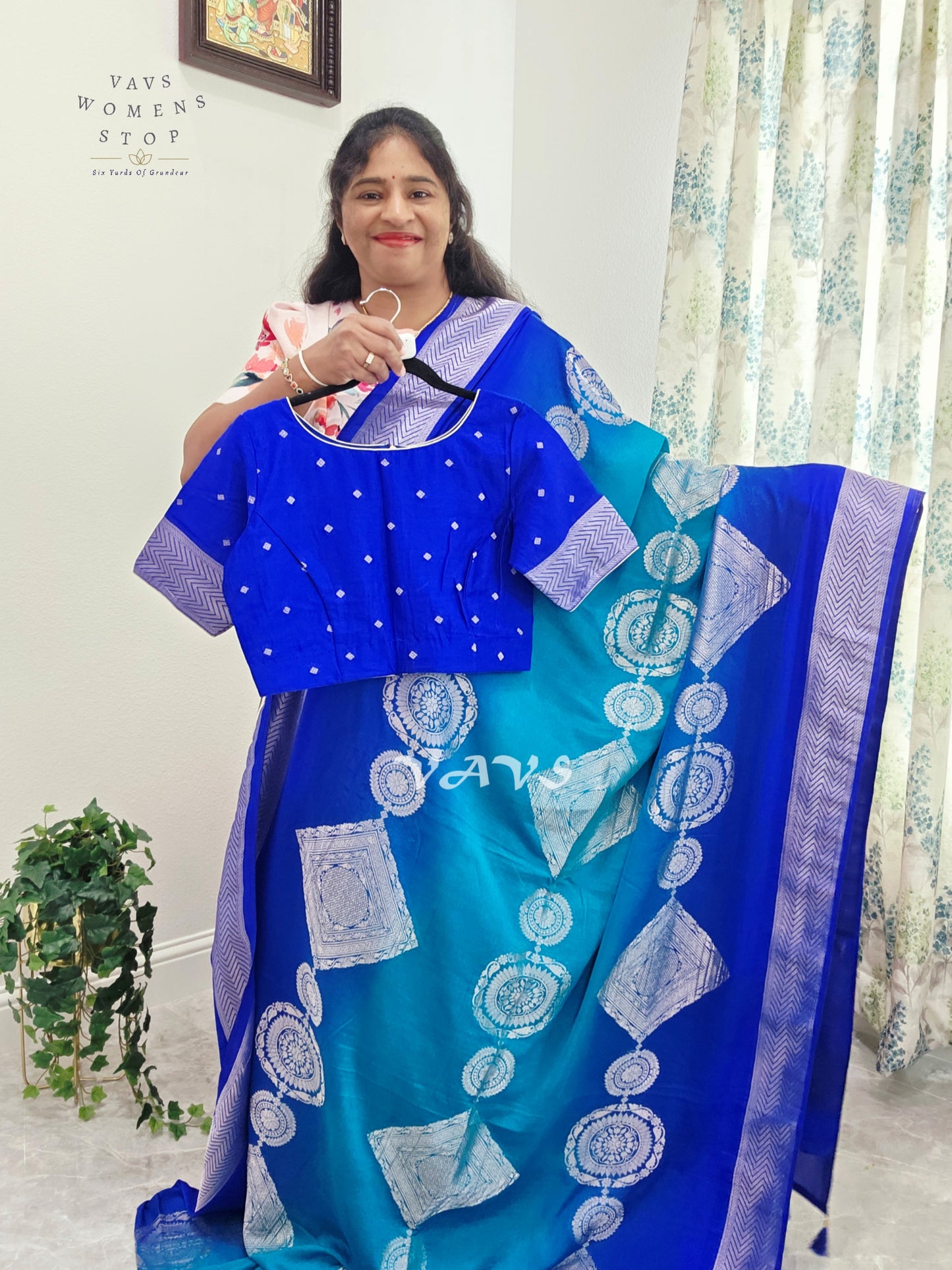Royal Sapphire & Peacock Turquoise Shaded Chiffon Saree with Silver Motifs & Stitched Blouse Size 38-44