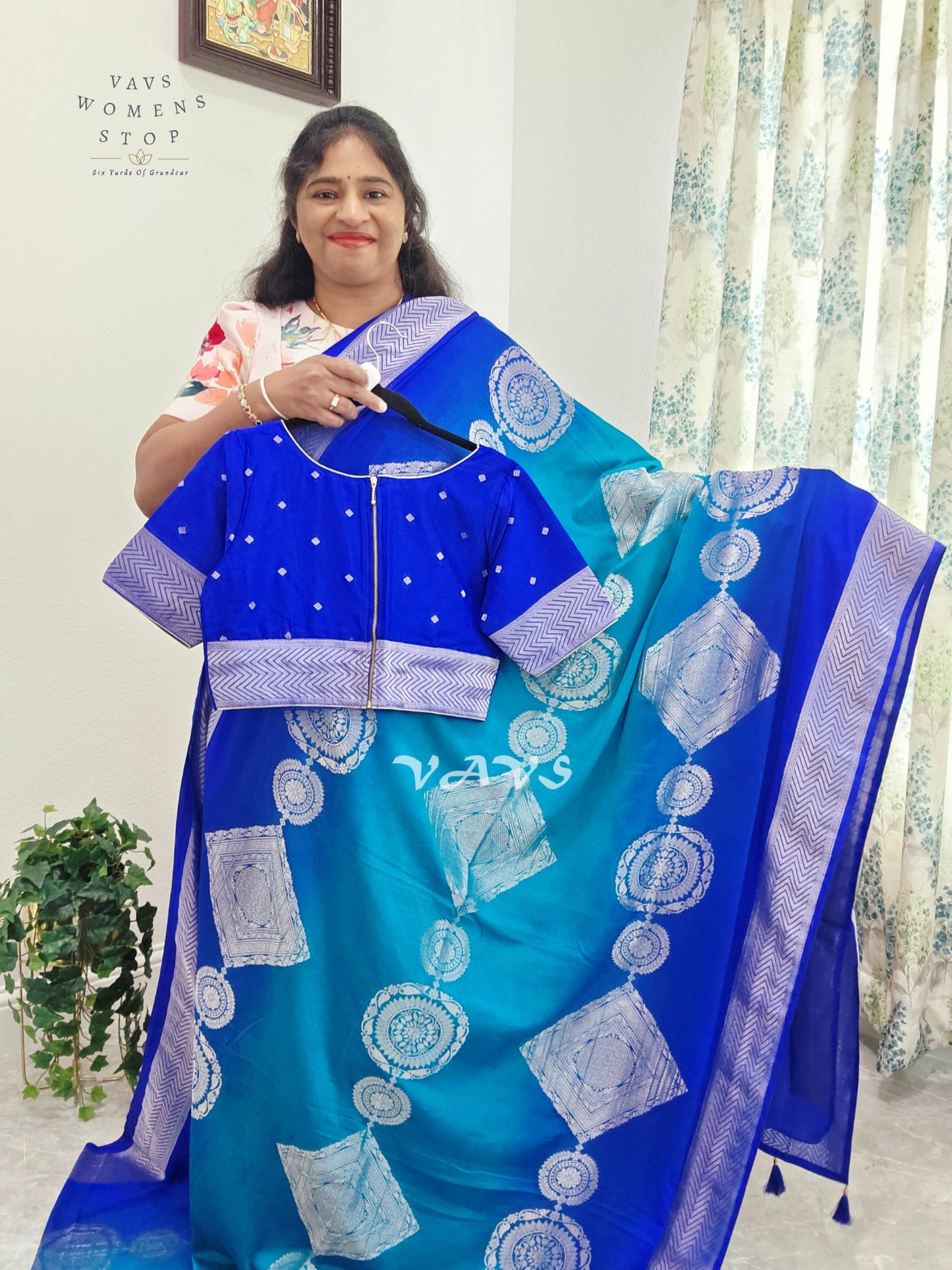 Royal Sapphire & Peacock Turquoise Shaded Chiffon Saree with Silver Motifs & Stitched Blouse Size 38-44