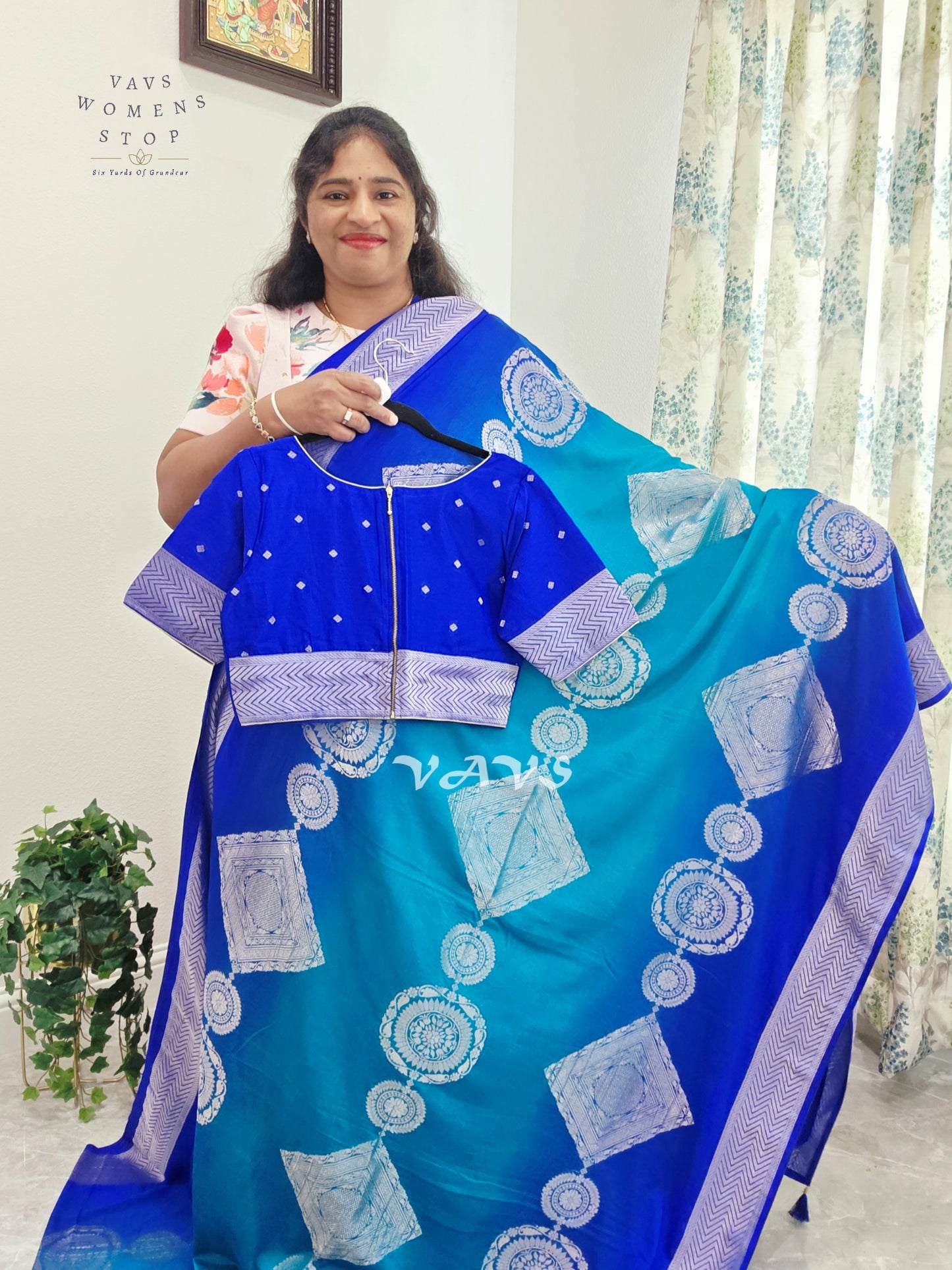 Royal Sapphire & Peacock Turquoise Shaded Chiffon Saree with Silver Motifs & Stitched Blouse Size 38-44