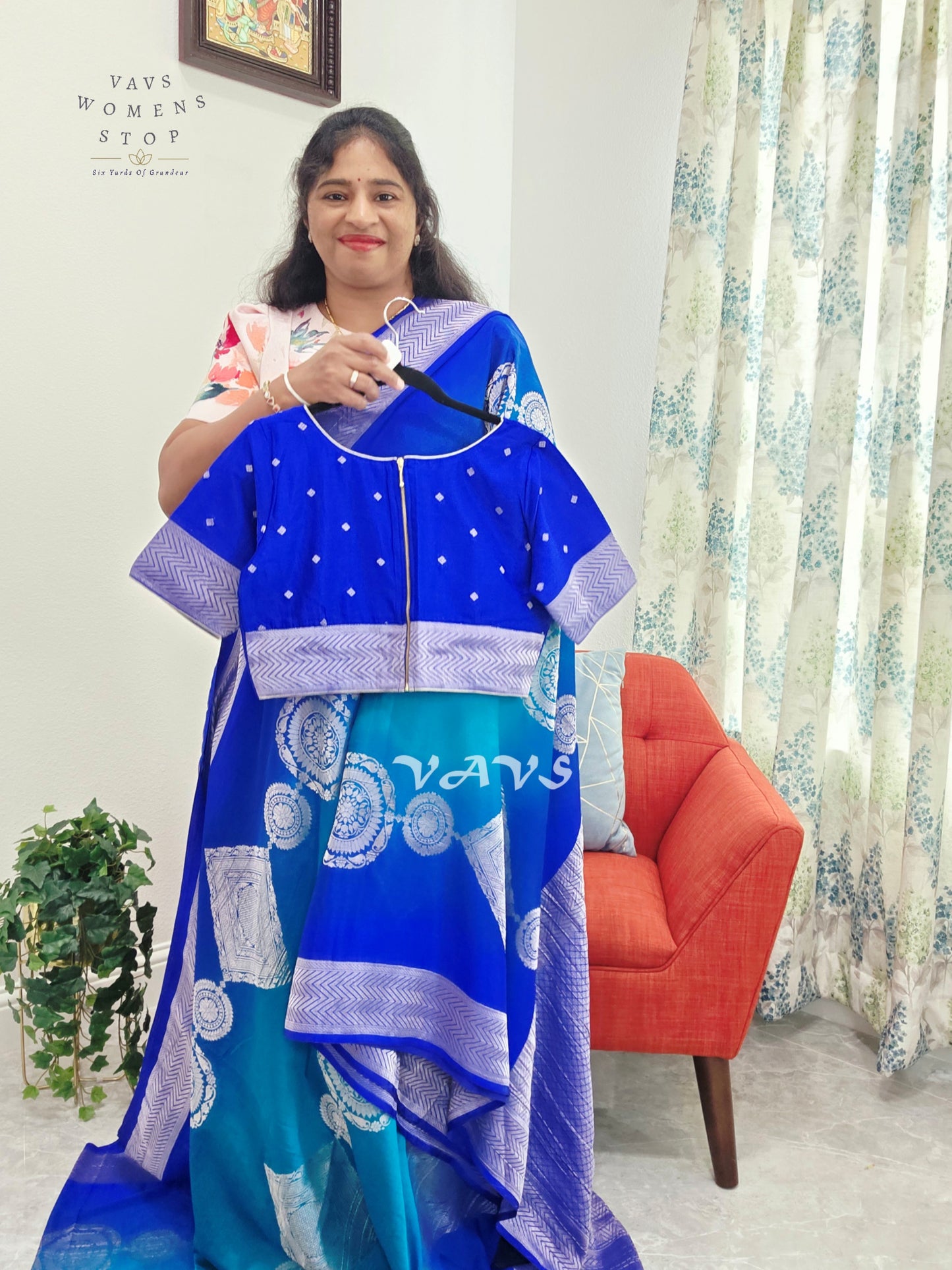 Royal Sapphire & Peacock Turquoise Shaded Chiffon Saree with Silver Motifs & Stitched Blouse Size 38-44