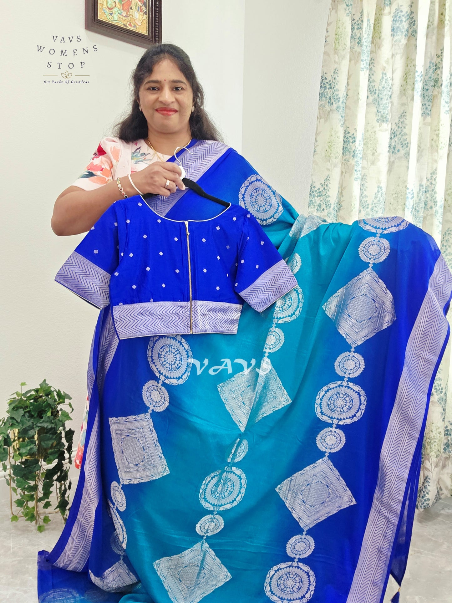 Royal Sapphire & Peacock Turquoise Shaded Chiffon Saree with Silver Motifs & Stitched Blouse Size 38-44