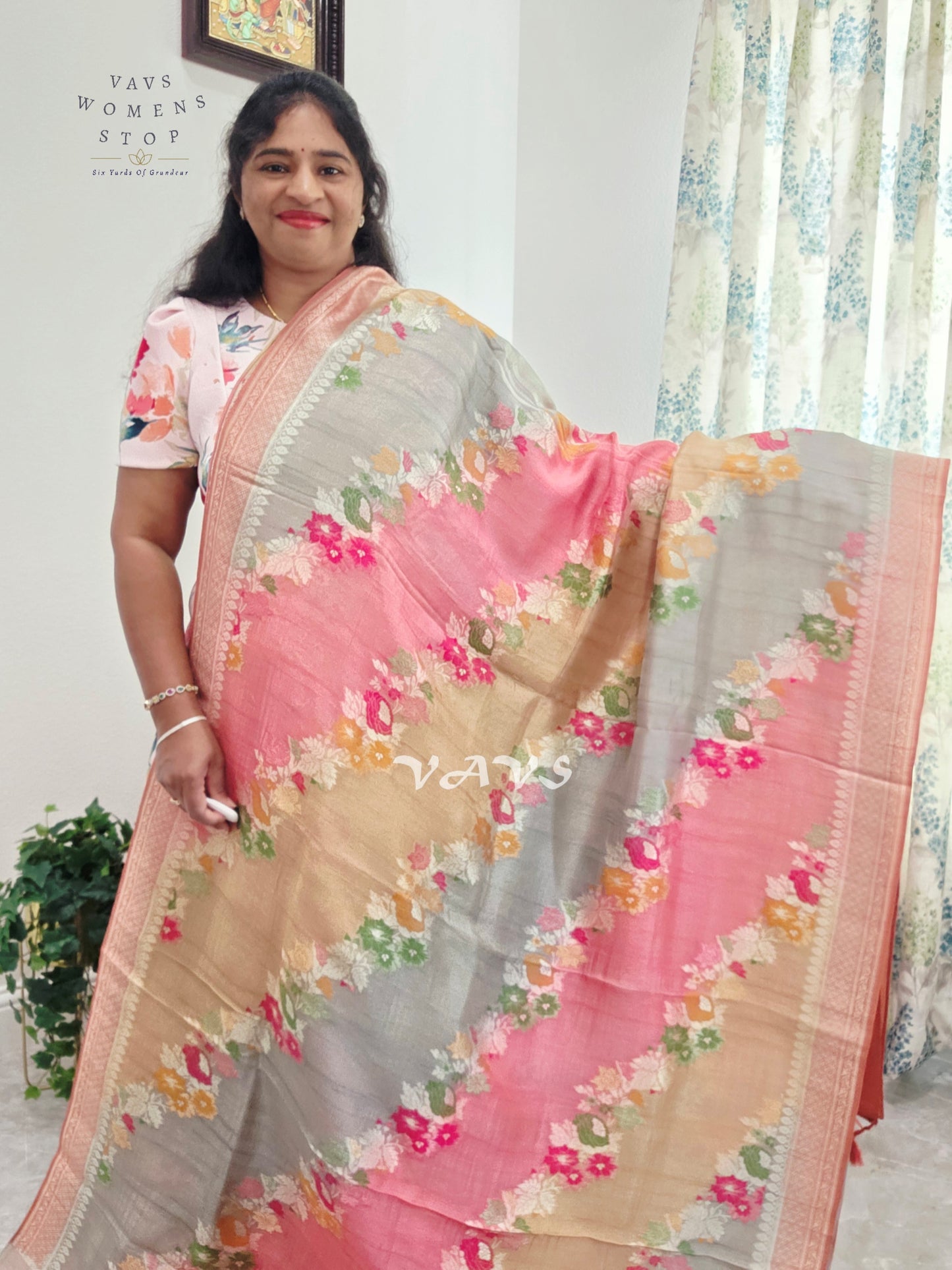 Blush Rose, Champagne & Silver Pure Munga Tussar Silk Floral Saree with Stitched Blouse Size 42–48