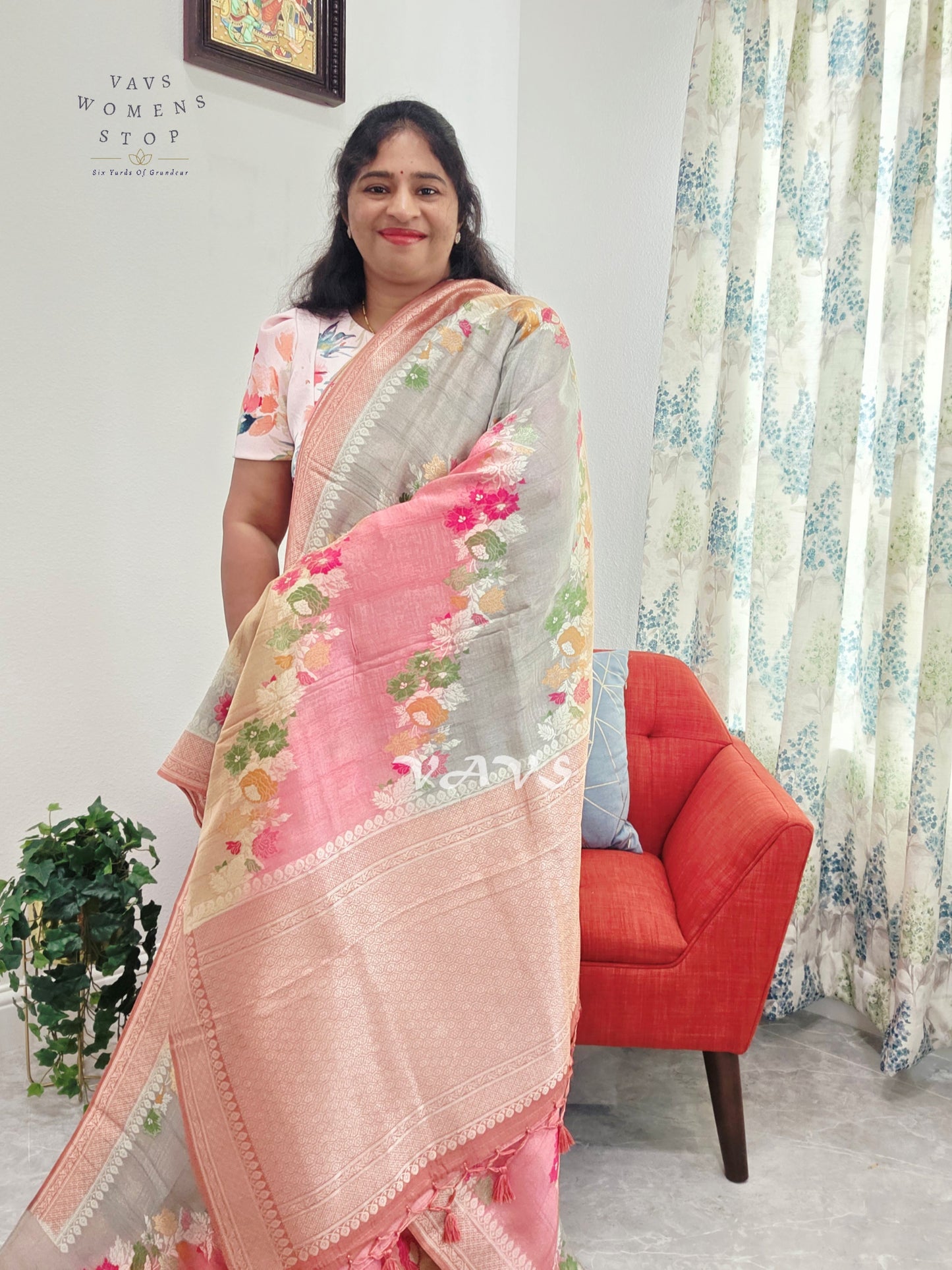 Blush Rose, Champagne & Silver Pure Munga Tussar Silk Floral Saree with Stitched Blouse Size 42–48