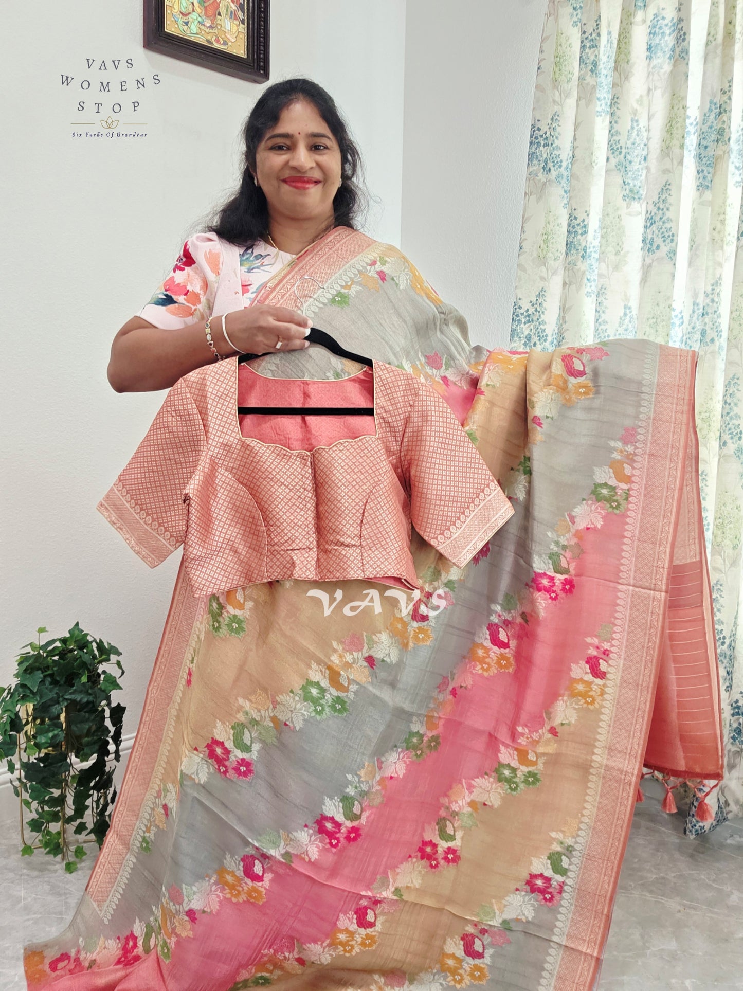 Blush Rose, Champagne & Silver Pure Munga Tussar Silk Floral Saree with Stitched Blouse Size 42–48