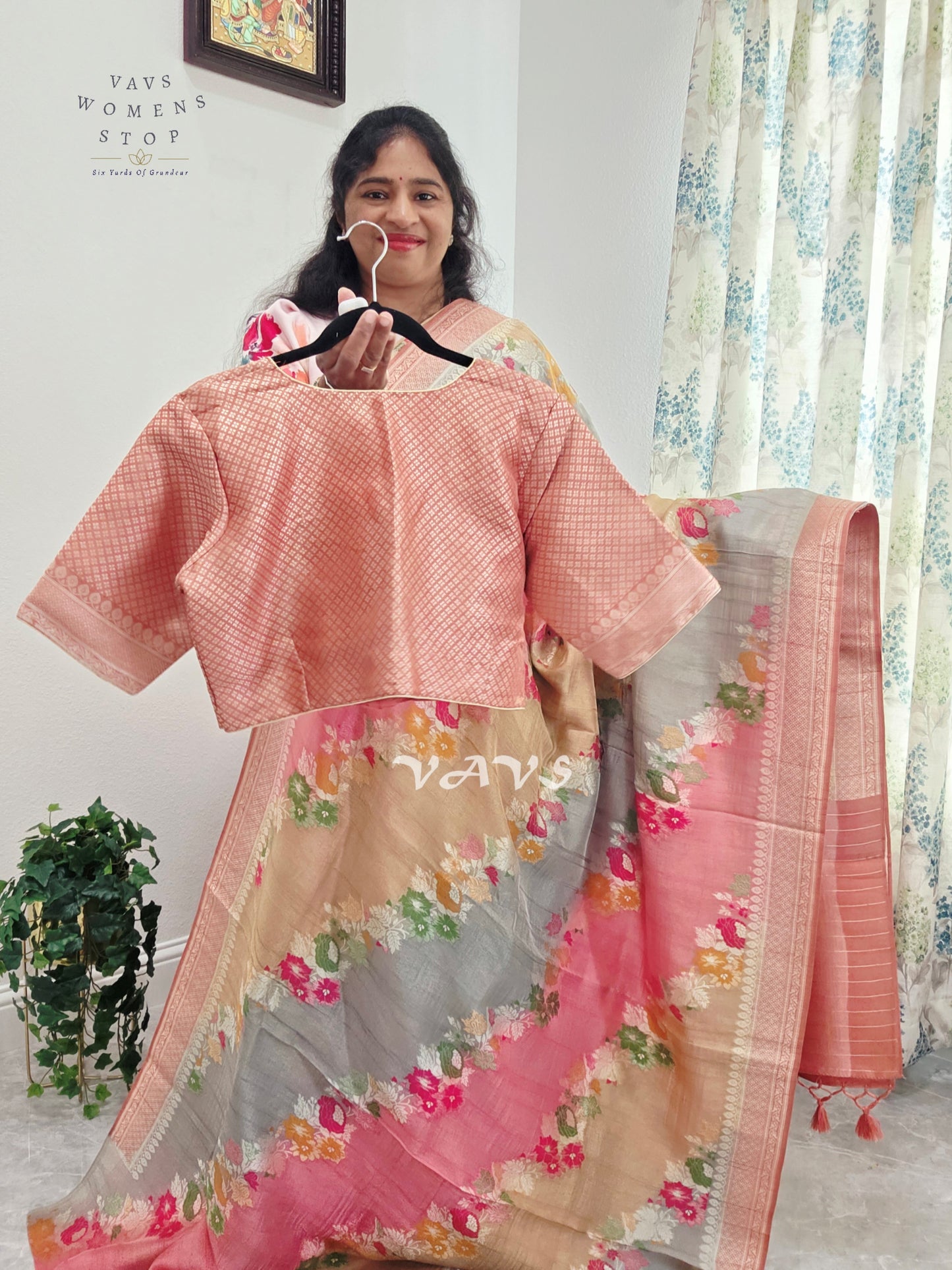 Blush Rose, Champagne & Silver Pure Munga Tussar Silk Floral Saree with Stitched Blouse Size 42–48