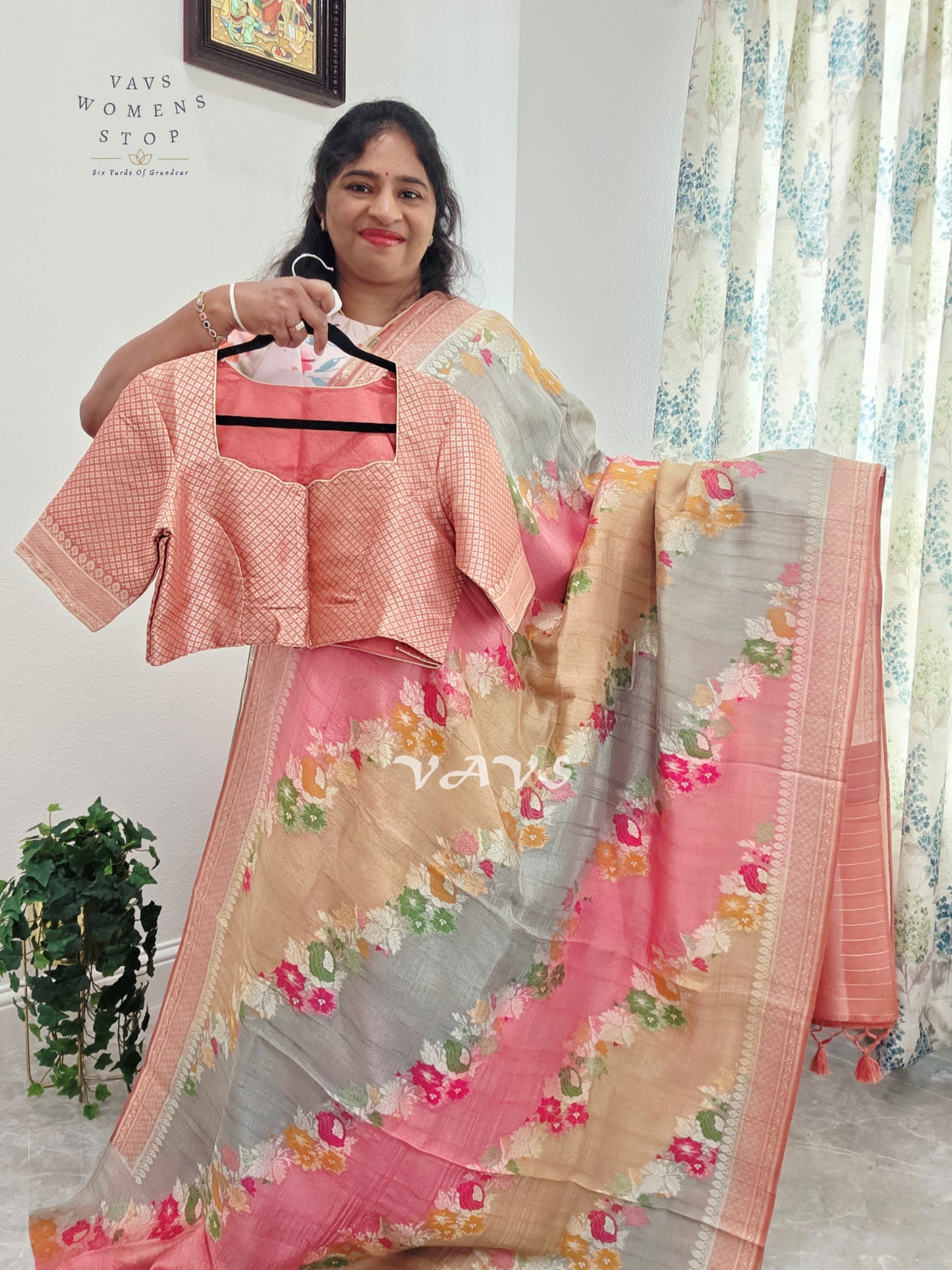Blush Rose, Champagne & Silver Pure Munga Tussar Silk Floral Saree with Stitched Blouse Size 42–48