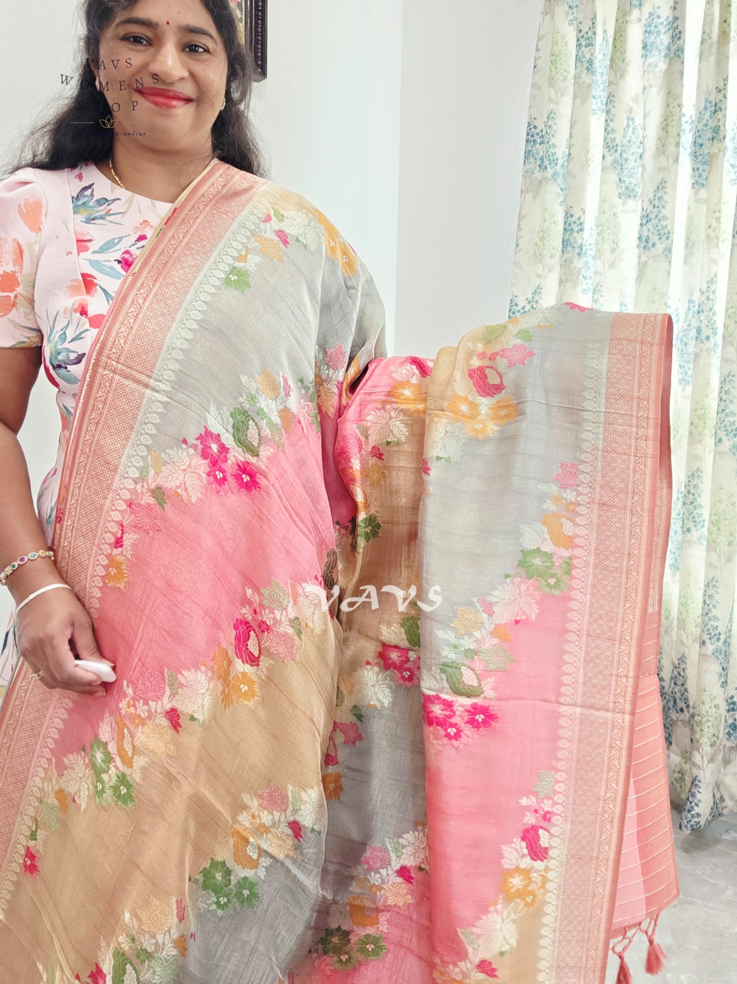 Blush Rose, Champagne & Silver Pure Munga Tussar Silk Floral Saree with Stitched Blouse Size 42–48