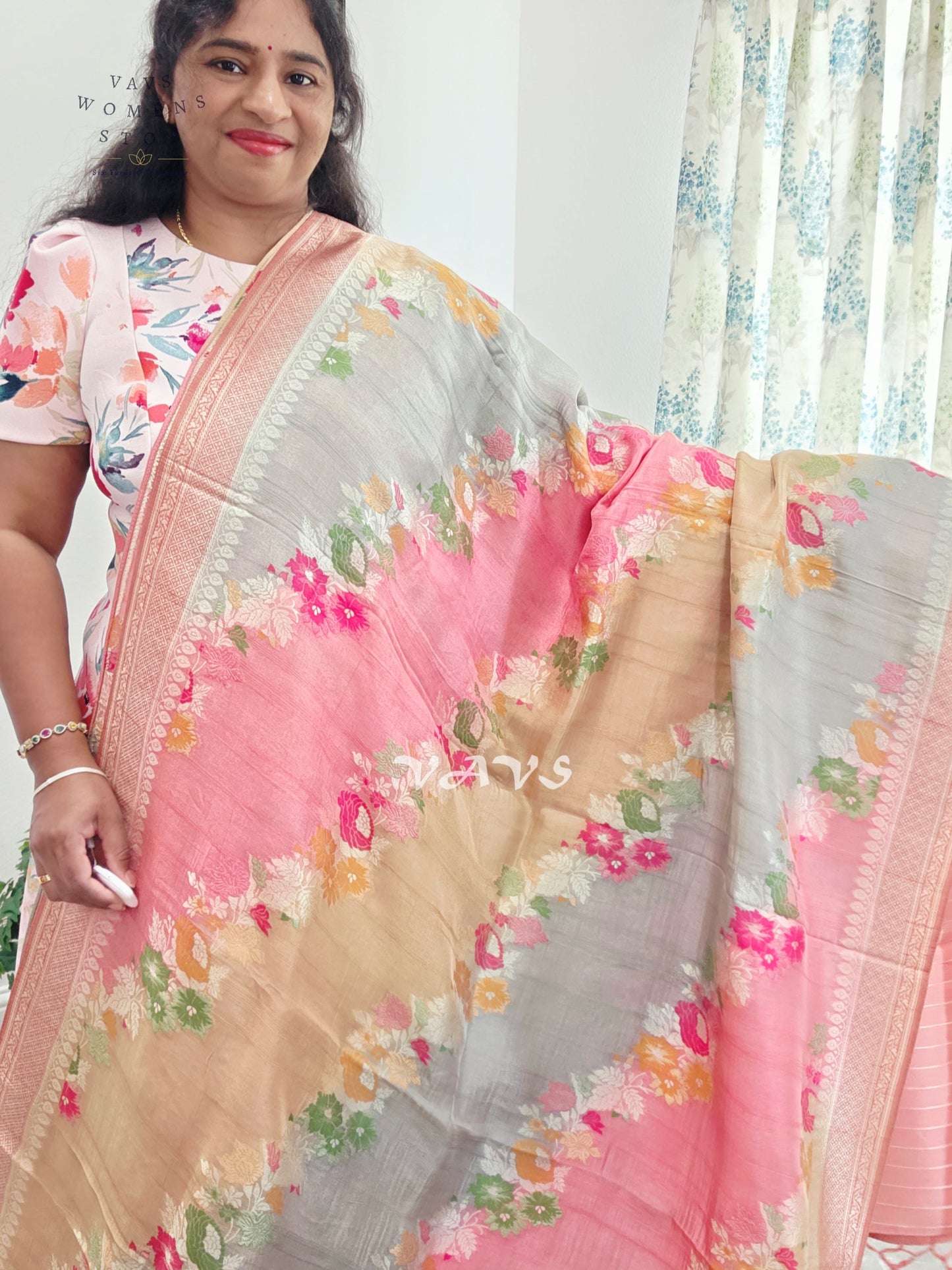 Blush Rose, Champagne & Silver Pure Munga Tussar Silk Floral Saree with Stitched Blouse Size 42–48