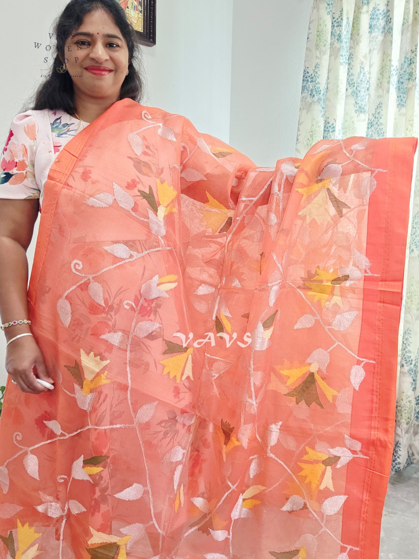 Sunset Coral Orange Pure Muslin Silk Jamdani Saree with Floral Vines & Stitched Blouse Size 36, Extendable to 42