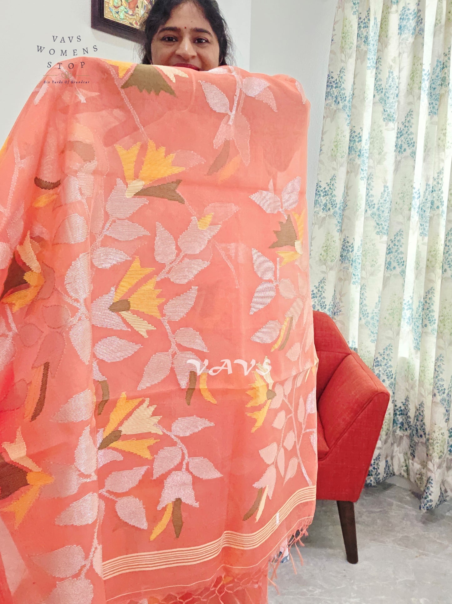 Sunset Coral Orange Pure Muslin Silk Jamdani Saree with Floral Vines & Stitched Blouse Size 36, Extendable to 42
