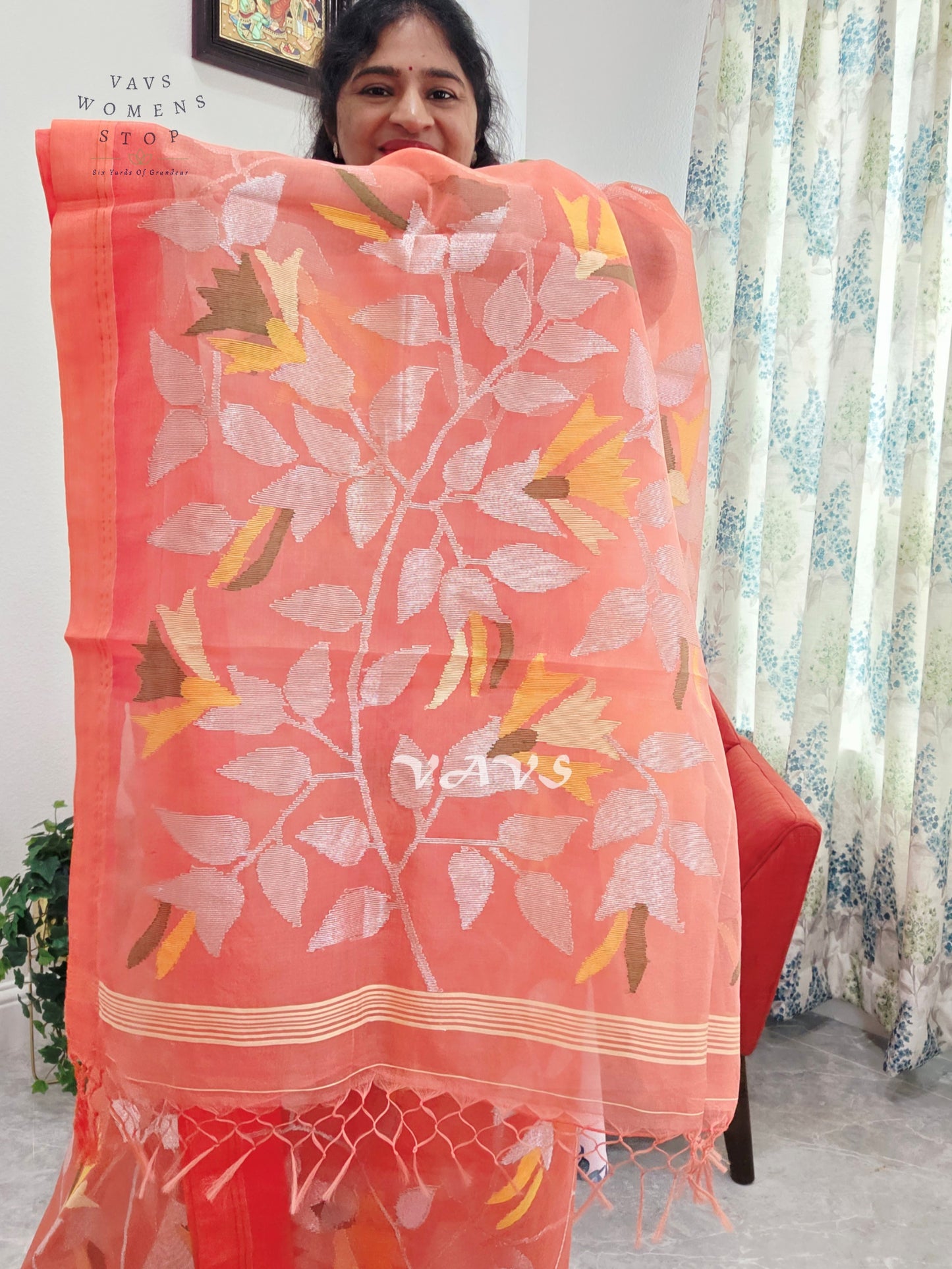Sunset Coral Orange Pure Muslin Silk Jamdani Saree with Floral Vines & Stitched Blouse Size 36, Extendable to 42
