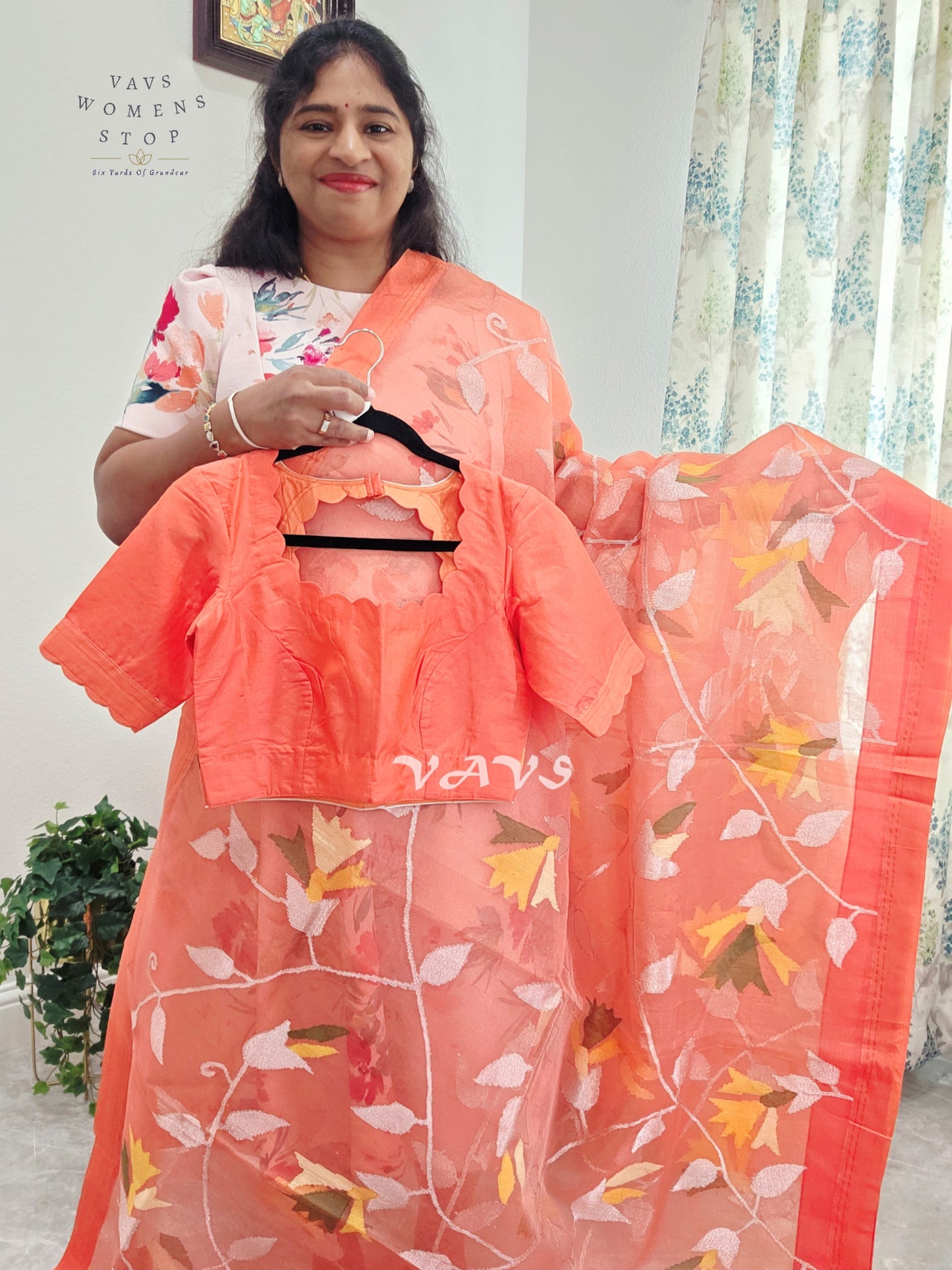 Sunset Coral Orange Pure Muslin Silk Jamdani Saree with Floral Vines & Stitched Blouse Size 36, Extendable to 42
