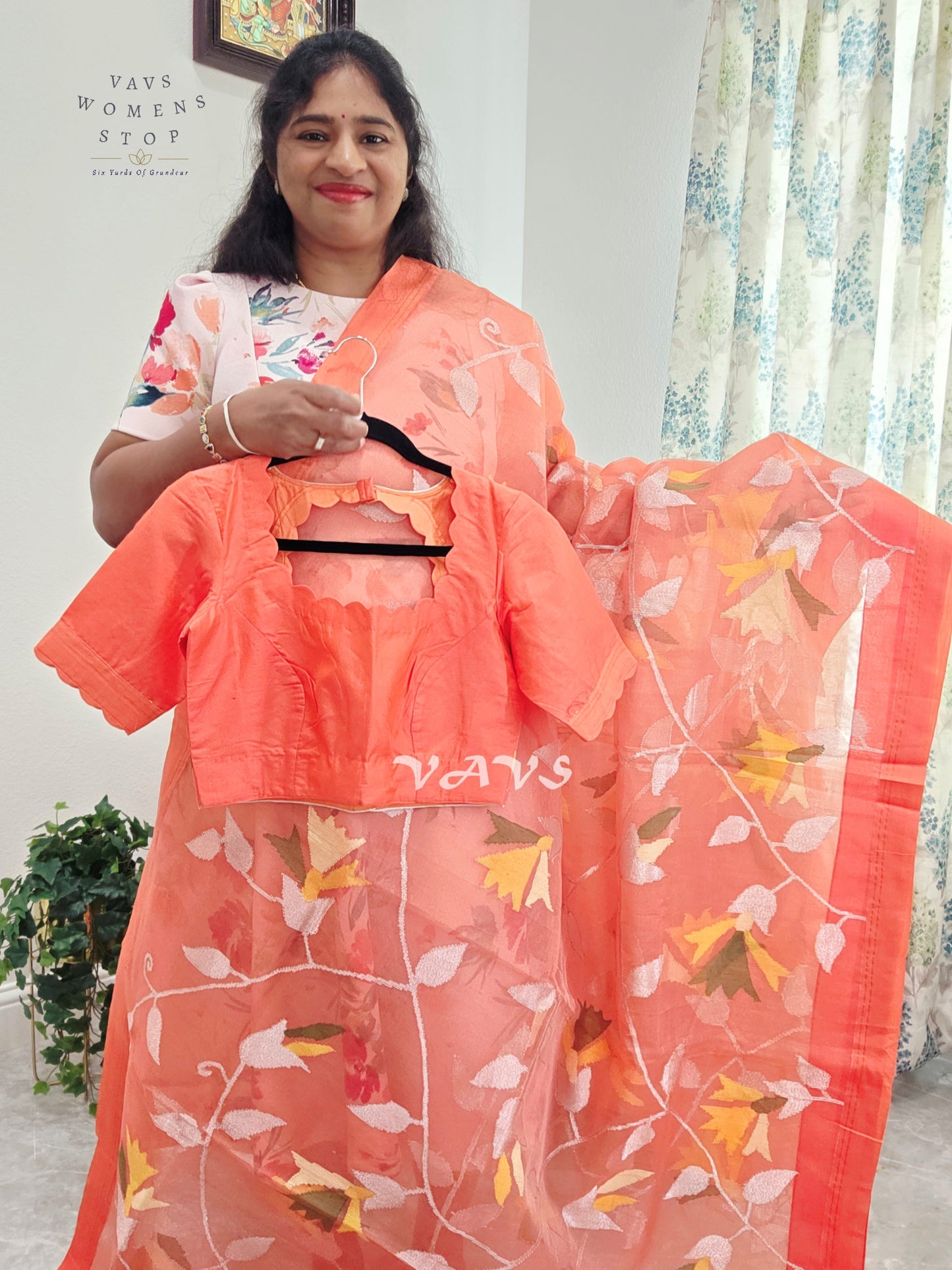 Sunset Coral Orange Pure Muslin Silk Jamdani Saree with Floral Vines & Stitched Blouse Size 36, Extendable to 42