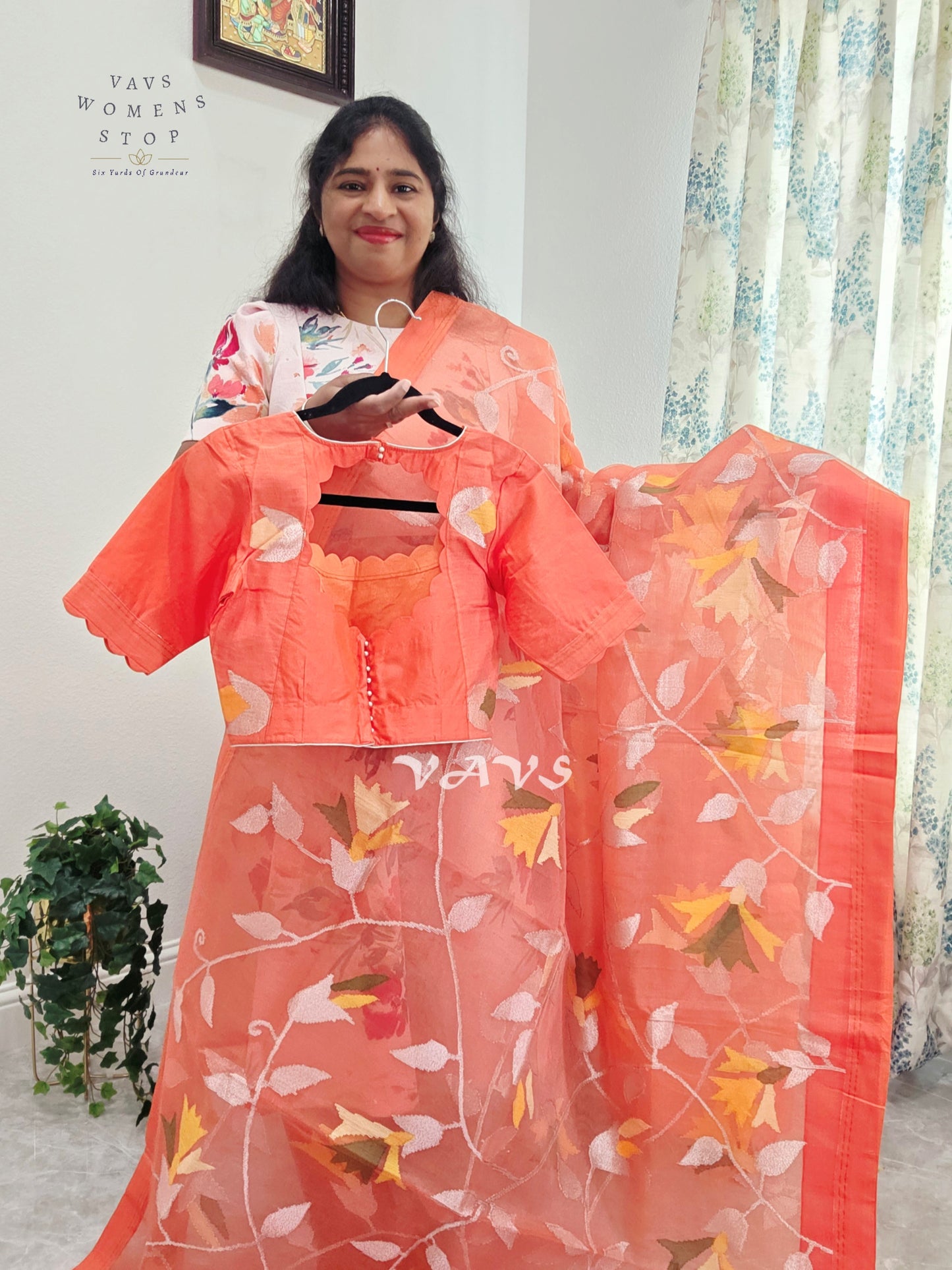 Sunset Coral Orange Pure Muslin Silk Jamdani Saree with Floral Vines & Stitched Blouse Size 36, Extendable to 42
