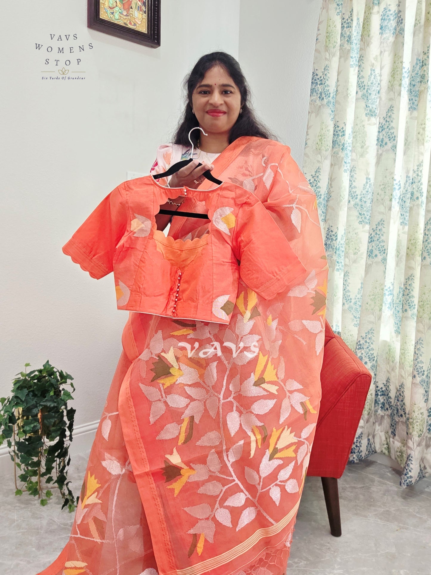 Sunset Coral Orange Pure Muslin Silk Jamdani Saree with Floral Vines & Stitched Blouse Size 36, Extendable to 42