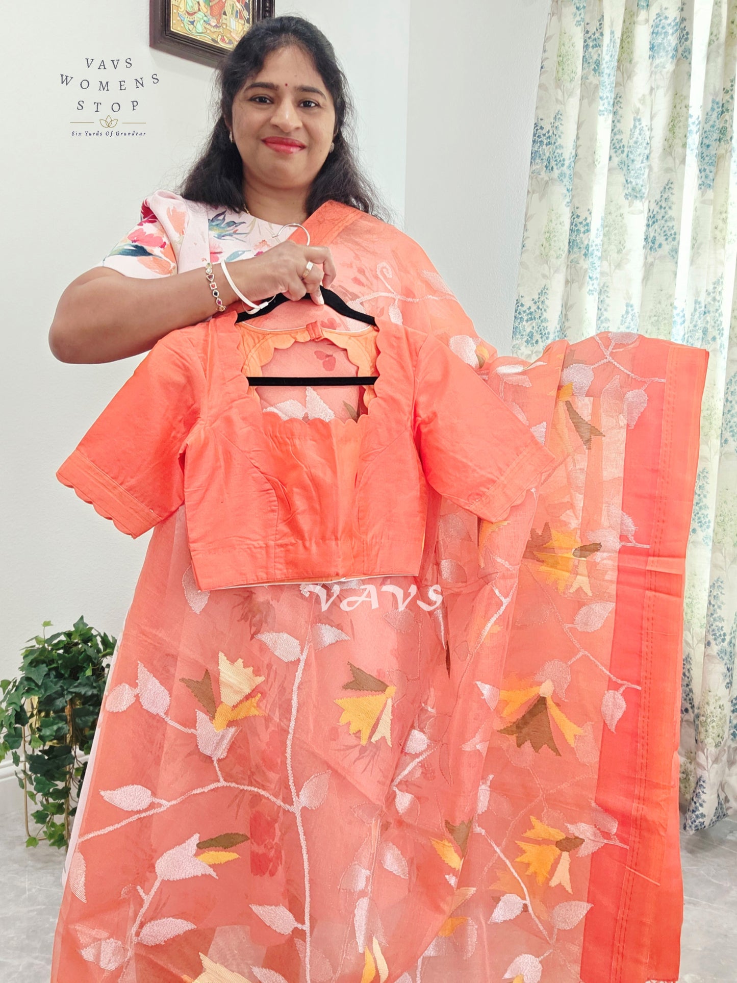 Sunset Coral Orange Pure Muslin Silk Jamdani Saree with Floral Vines & Stitched Blouse Size 36, Extendable to 42