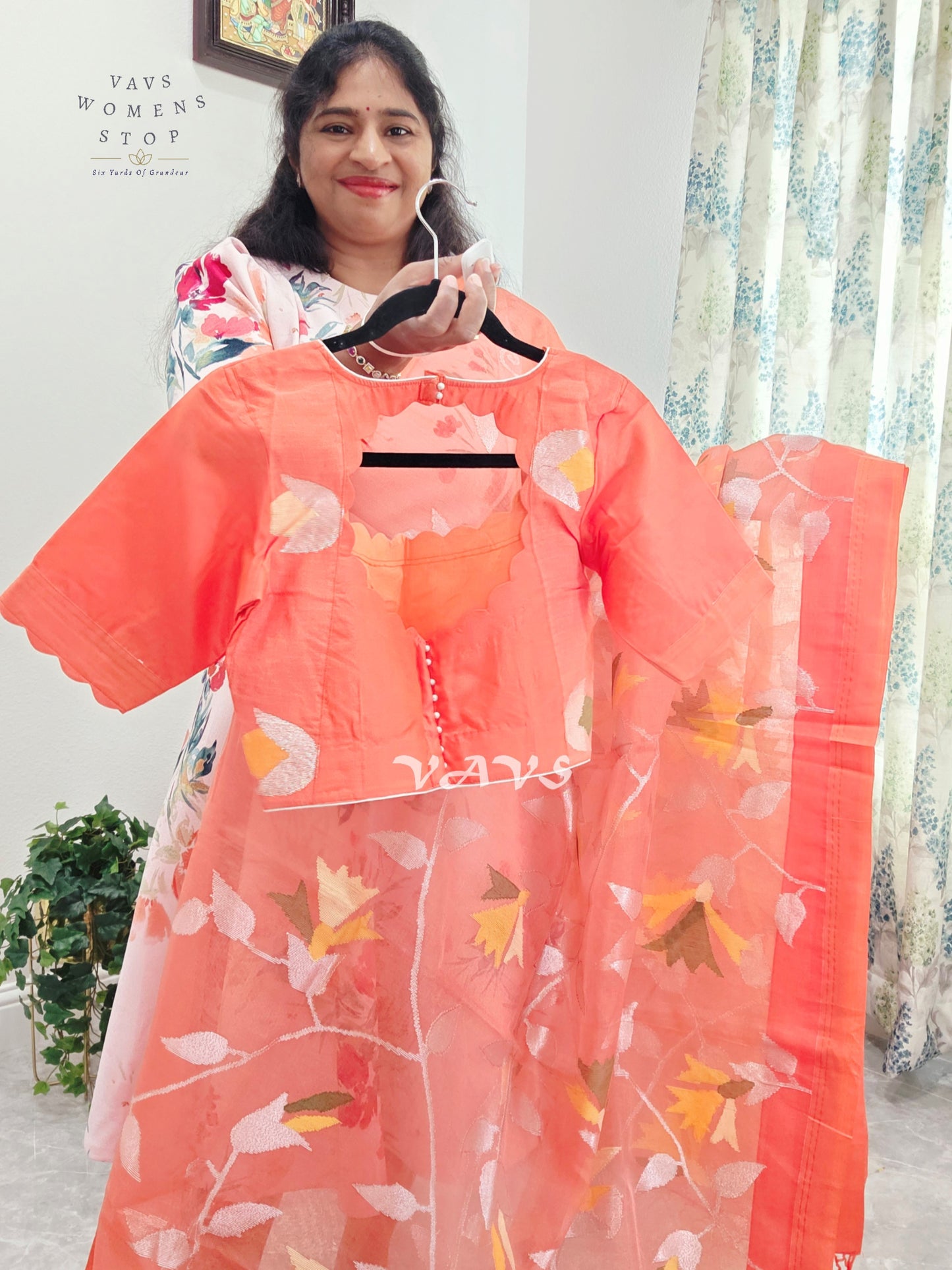 Sunset Coral Orange Pure Muslin Silk Jamdani Saree with Floral Vines & Stitched Blouse Size 36, Extendable to 42