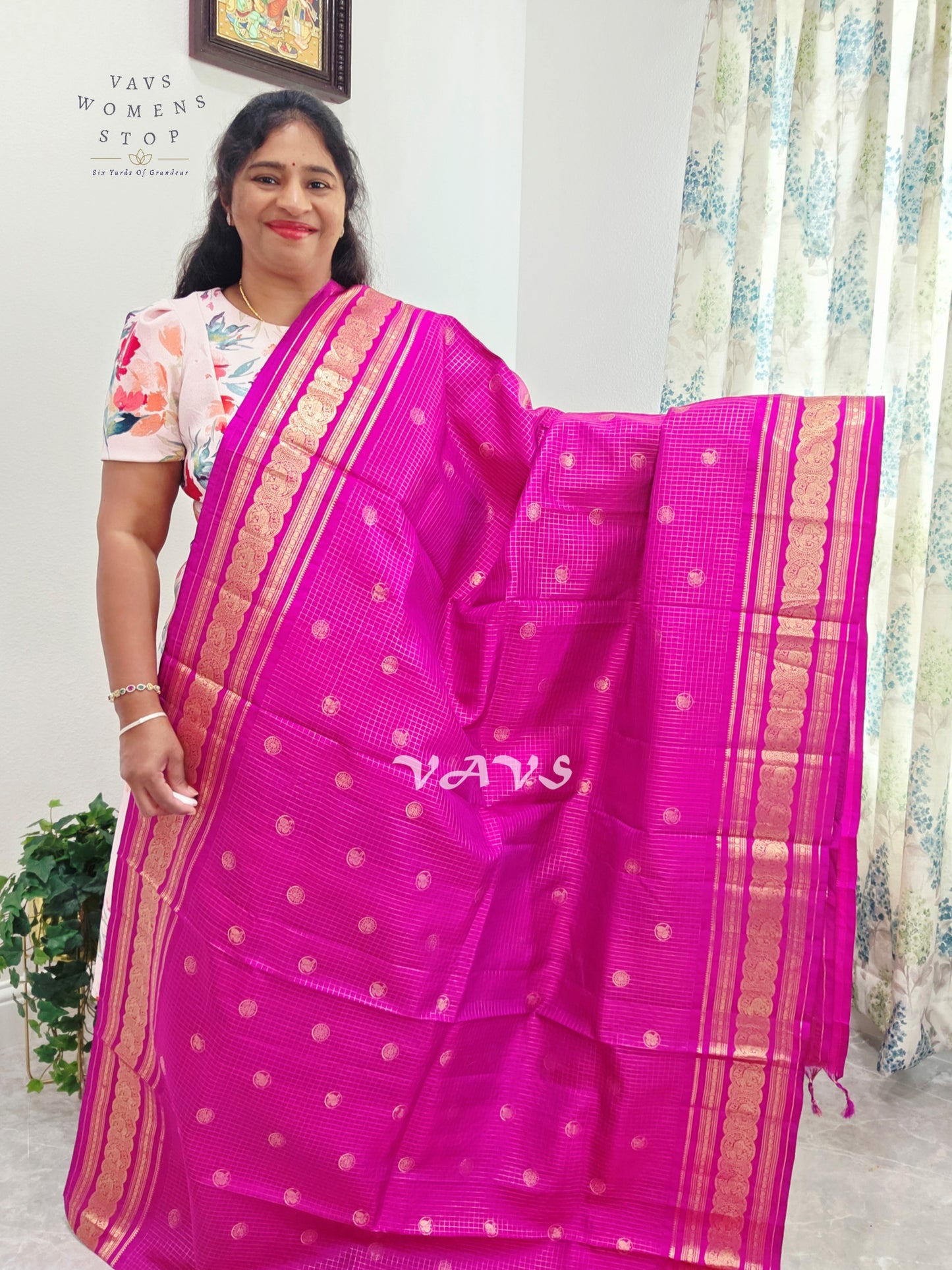 Royal Fuchsia Pink Pure Kanchi Soft Silk Checks Saree with Stitched Blouse Size 36-42