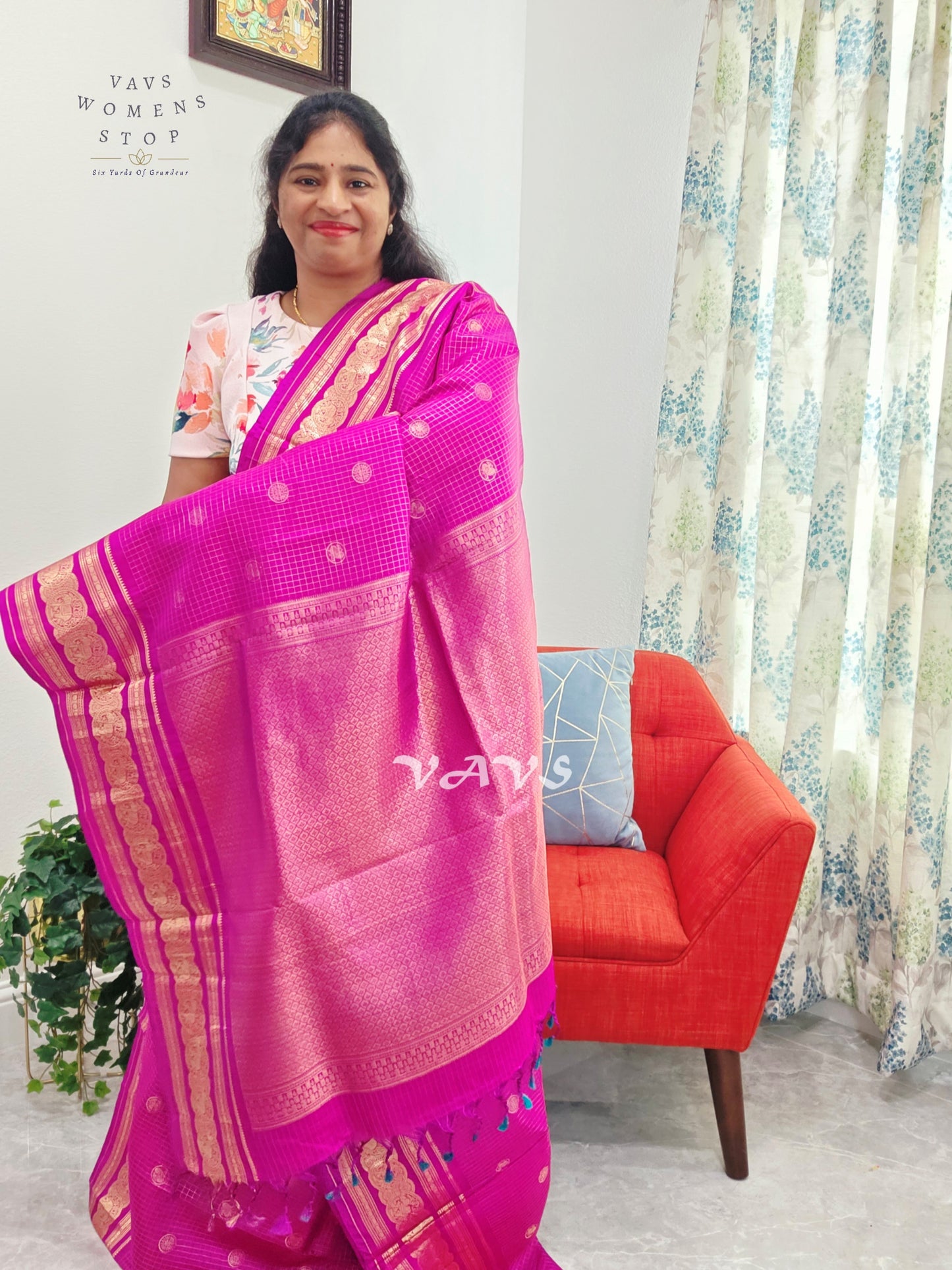 Royal Fuchsia Pink Pure Kanchi Soft Silk Checks Saree with Stitched Blouse Size 36-42