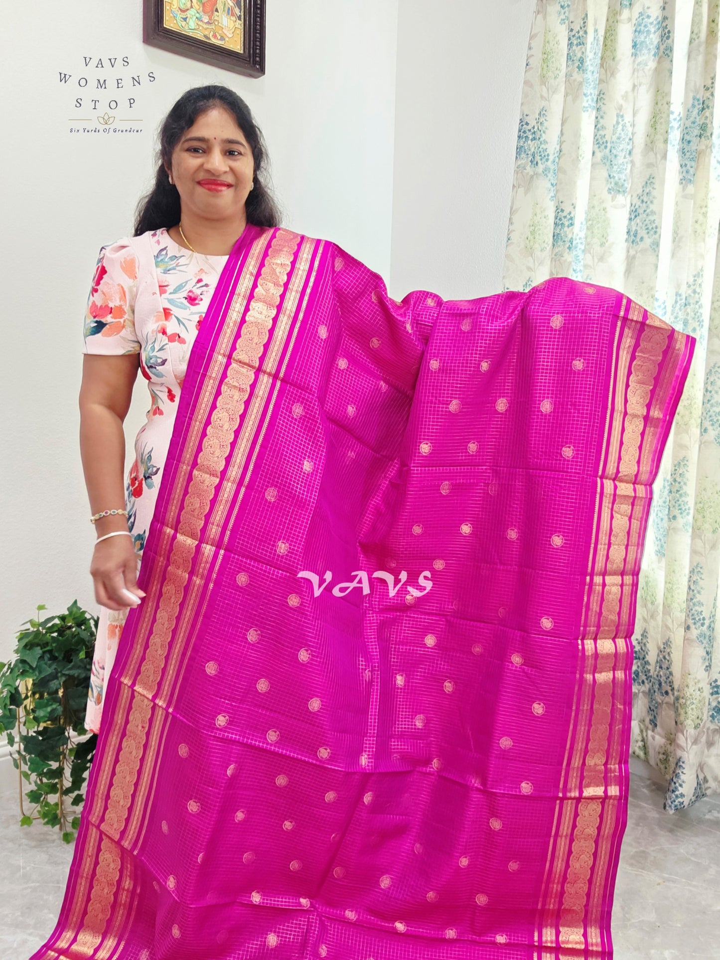 Royal Fuchsia Pink Pure Kanchi Soft Silk Checks Saree with Stitched Blouse Size 36-42
