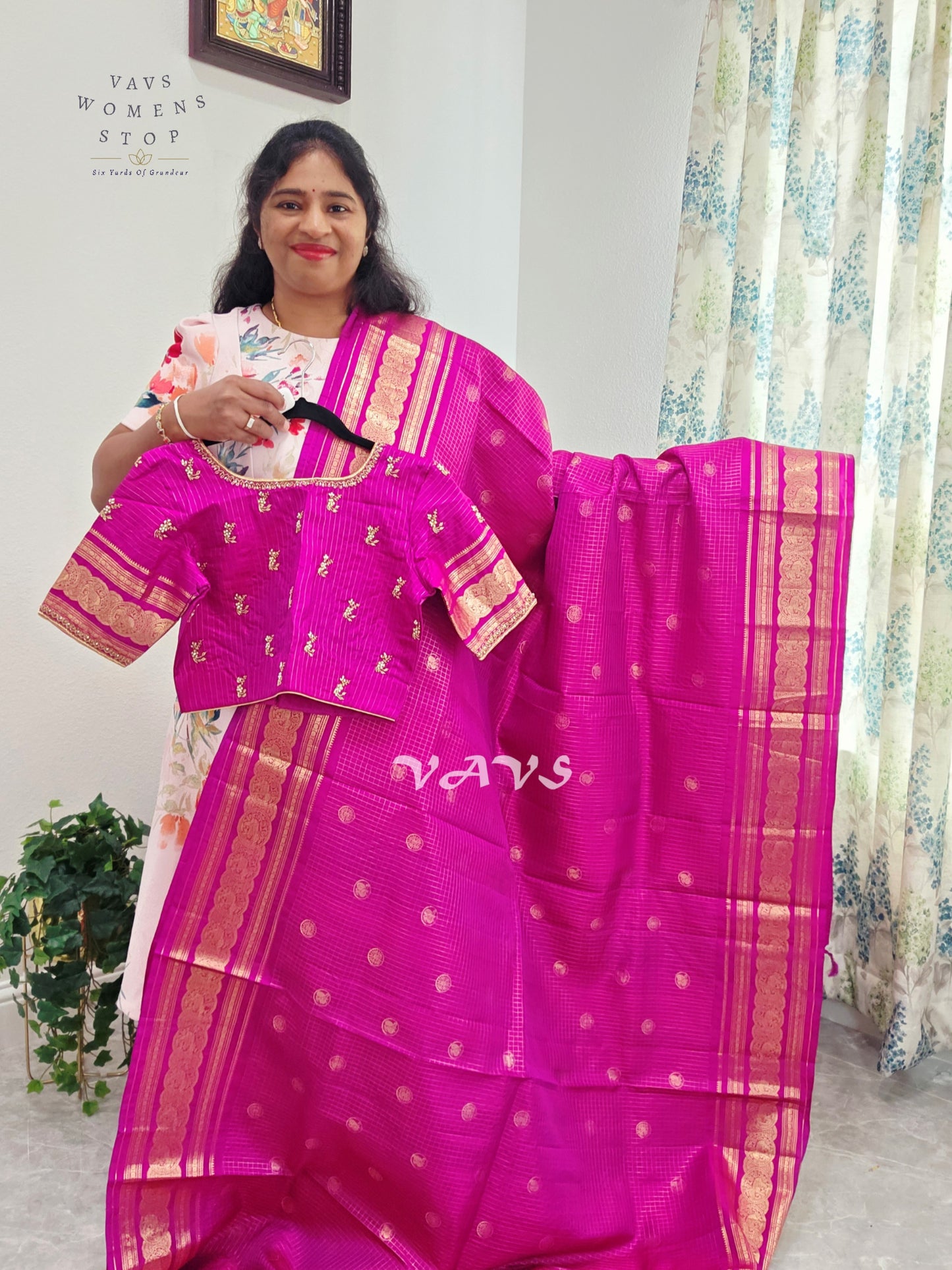 Royal Fuchsia Pink Pure Kanchi Soft Silk Checks Saree with Stitched Blouse Size 36-42