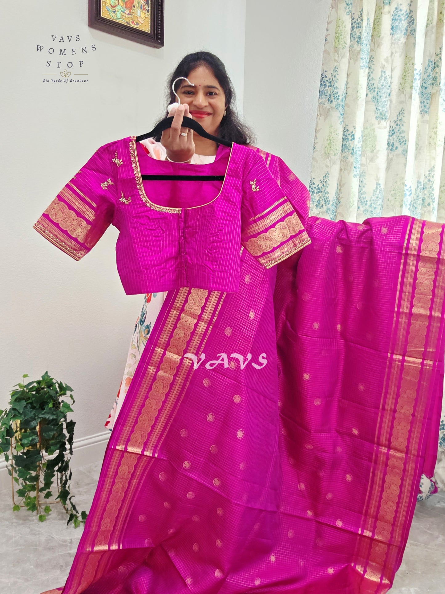 Royal Fuchsia Pink Pure Kanchi Soft Silk Checks Saree with Stitched Blouse Size 36-42