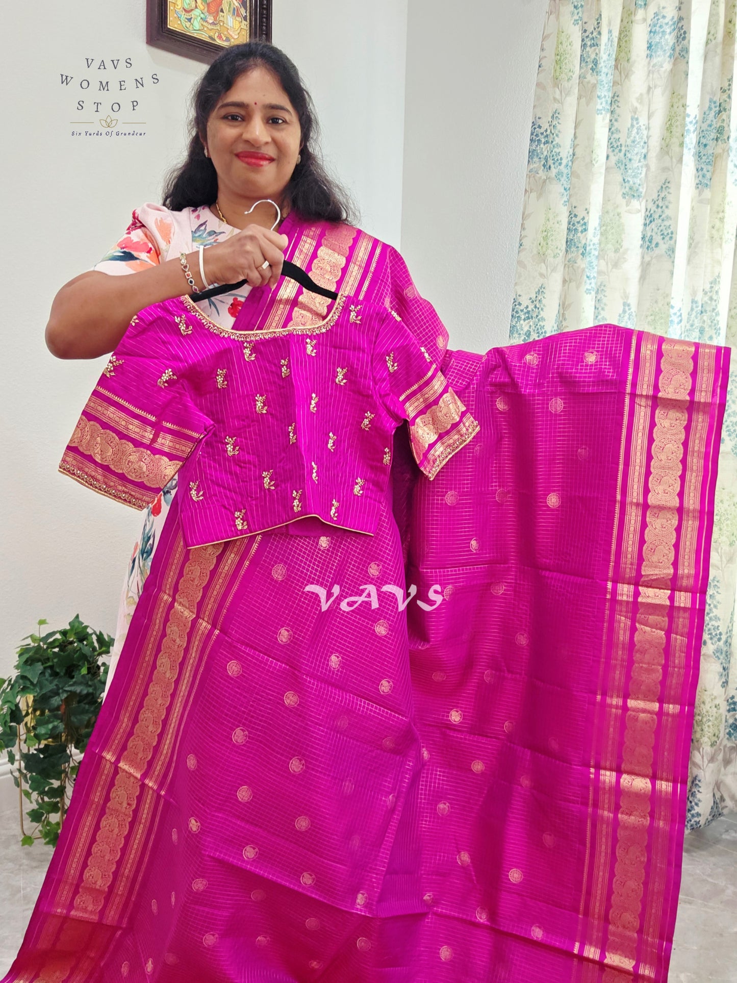Royal Fuchsia Pink Pure Kanchi Soft Silk Checks Saree with Stitched Blouse Size 36-42