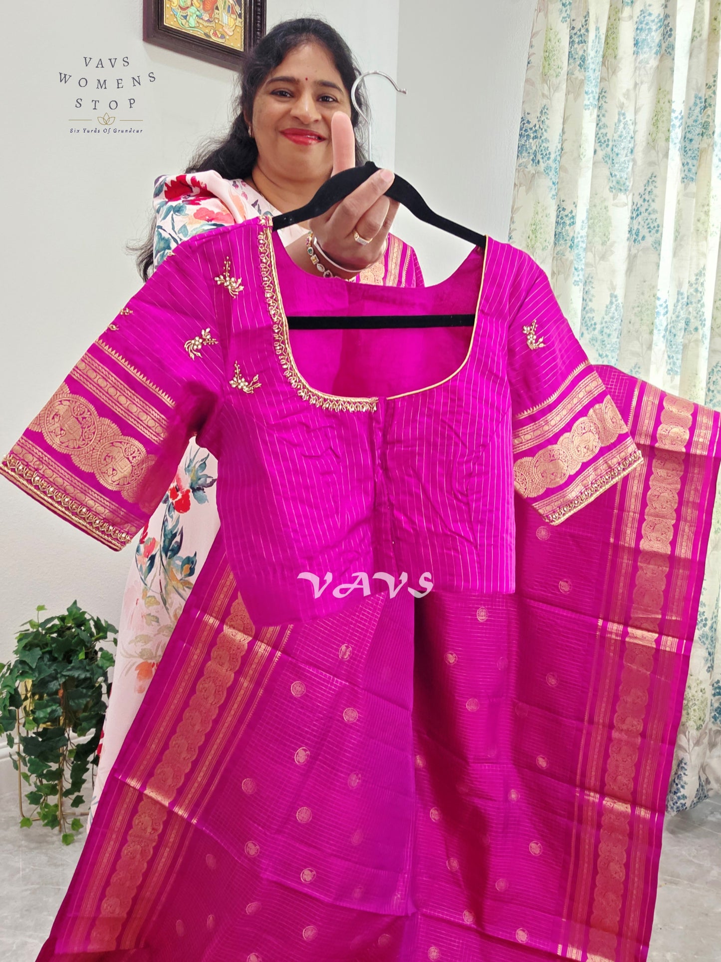 Royal Fuchsia Pink Pure Kanchi Soft Silk Checks Saree with Stitched Blouse Size 36-42