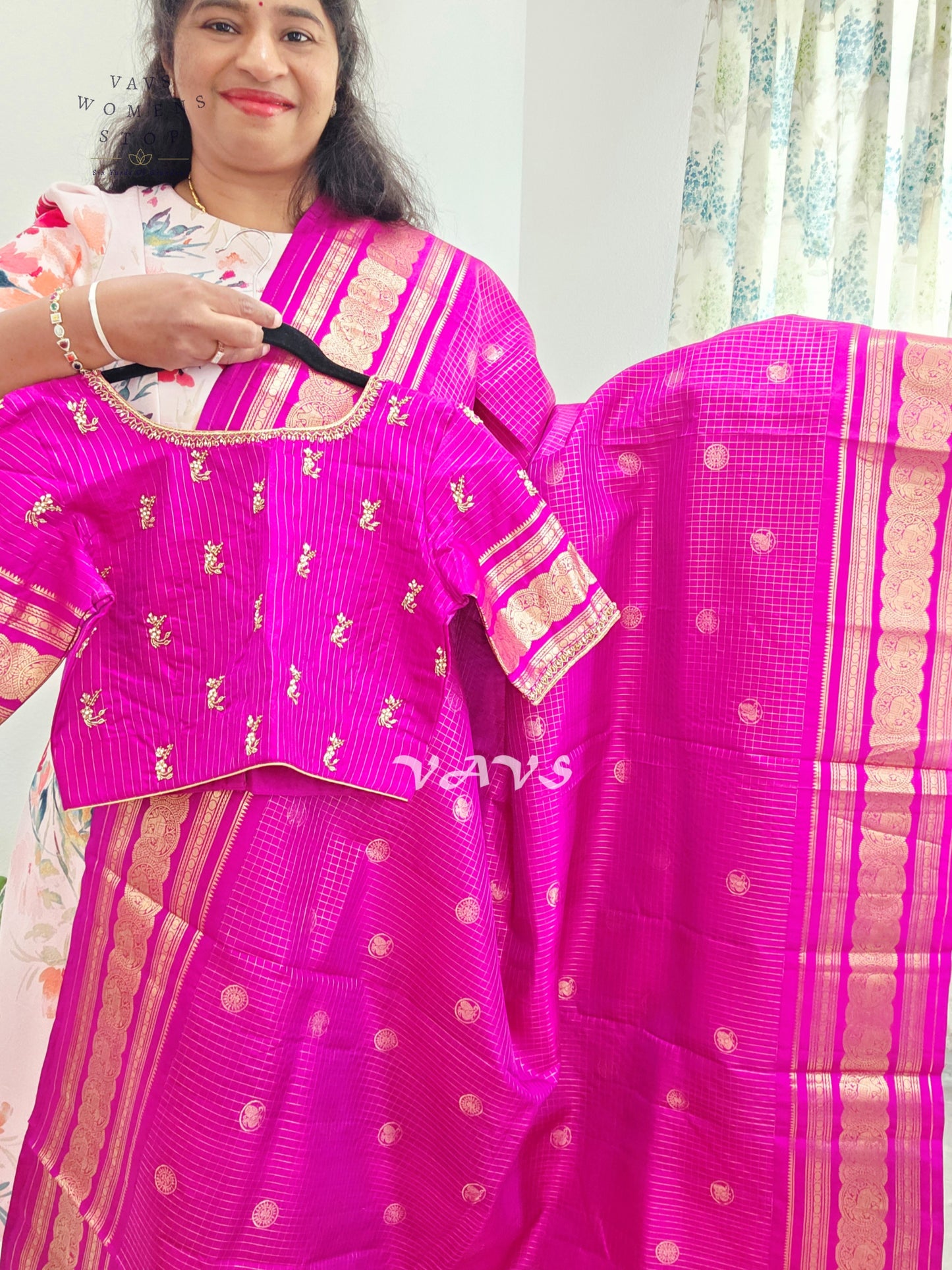 Royal Fuchsia Pink Pure Kanchi Soft Silk Checks Saree with Stitched Blouse Size 36-42