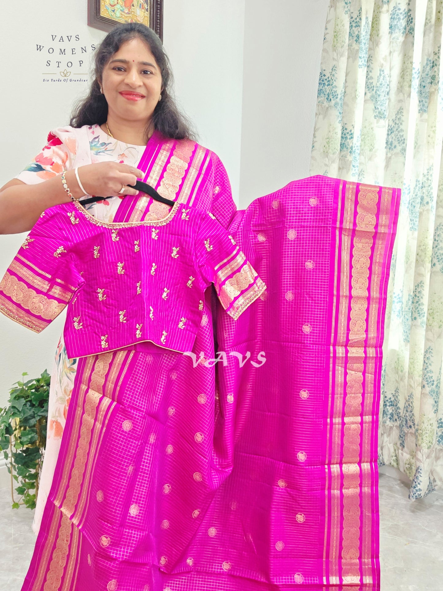 Royal Fuchsia Pink Pure Kanchi Soft Silk Checks Saree with Stitched Blouse Size 36-42