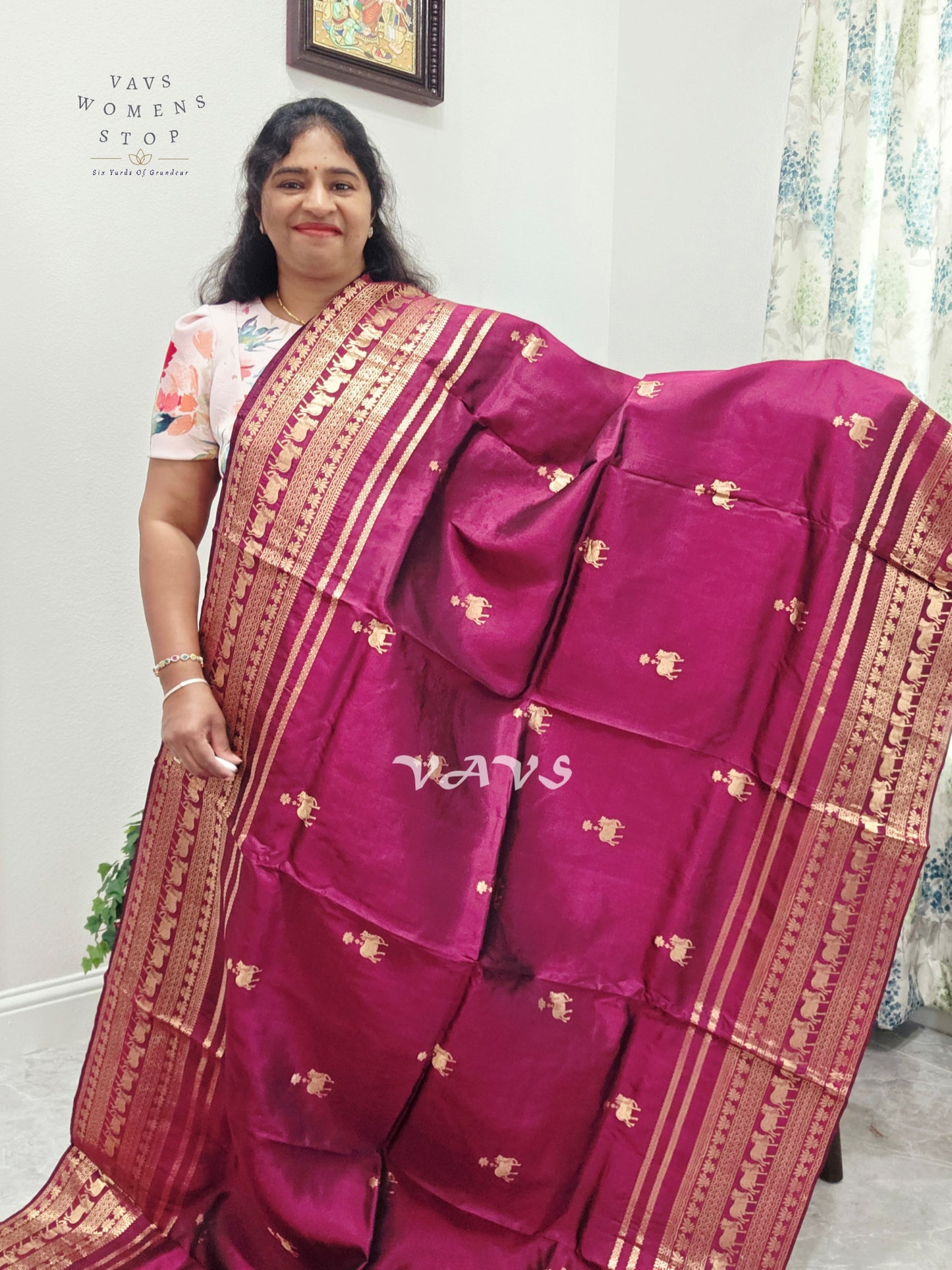 Regal Rani Wine Pure Kanchi Pattu Handloom Soft Silk Saree with Pichwai Buttas & Maggam Stitched Blouse Size 40-46