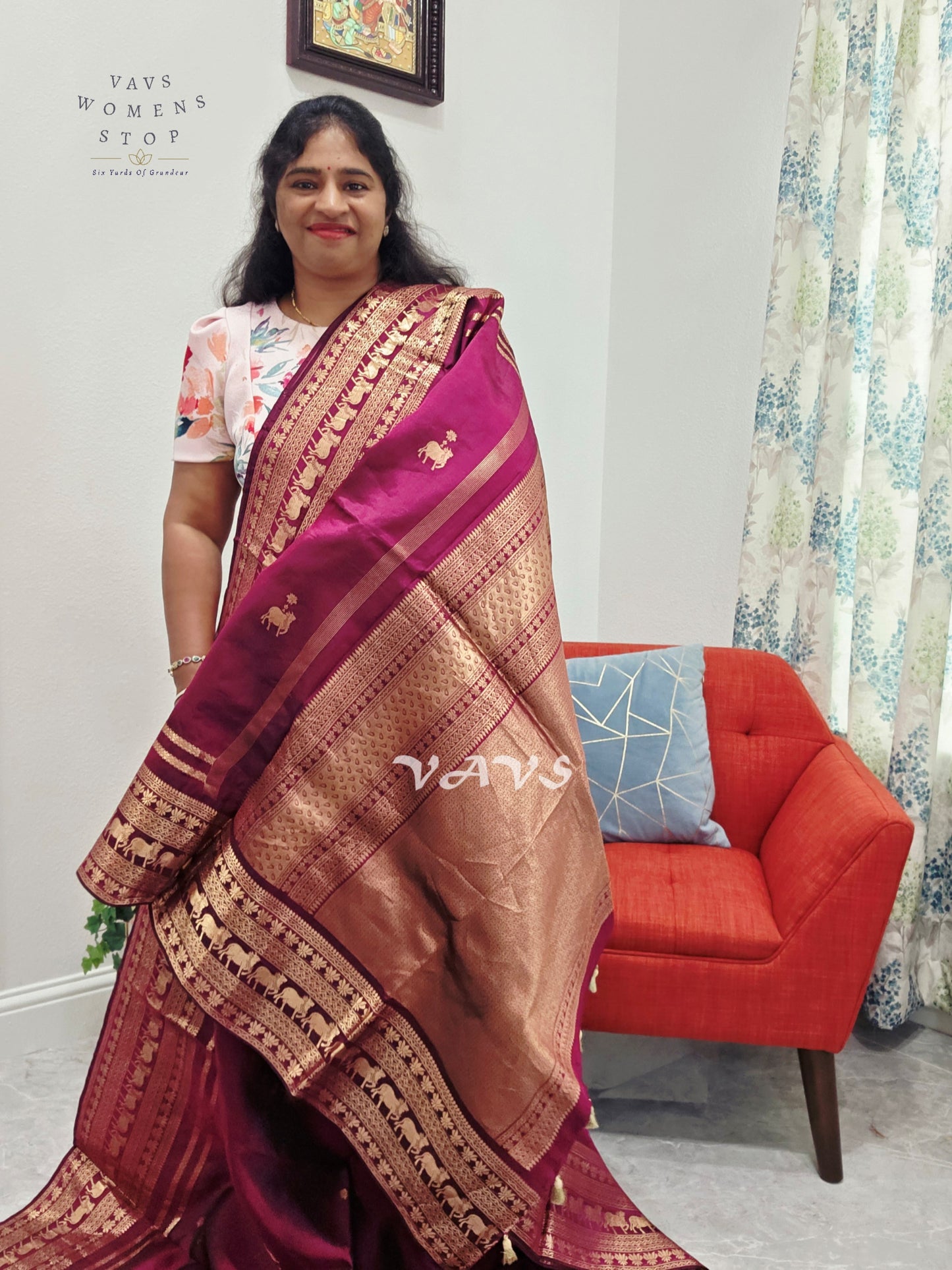 Regal Rani Wine Pure Kanchi Pattu Handloom Soft Silk Saree with Pichwai Buttas & Maggam Stitched Blouse Size 40-46