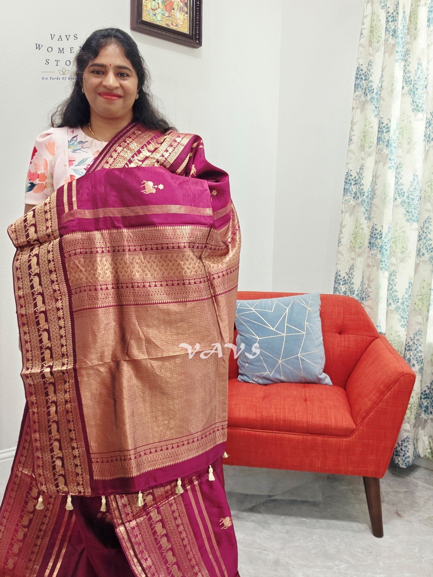 Regal Rani Wine Pure Kanchi Pattu Handloom Soft Silk Saree with Pichwai Buttas & Maggam Stitched Blouse Size 40-46