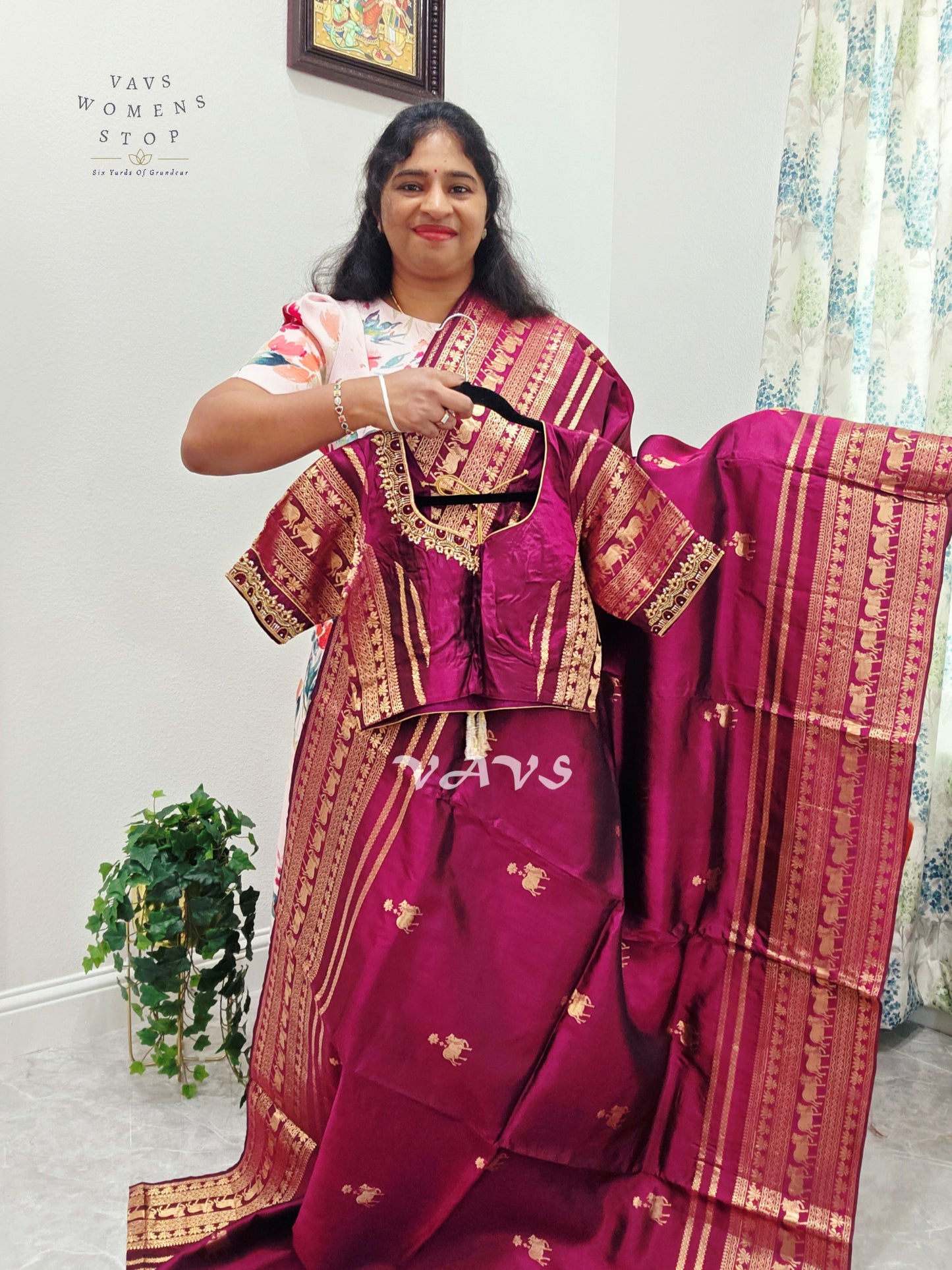 Regal Rani Wine Pure Kanchi Pattu Handloom Soft Silk Saree with Pichwai Buttas & Maggam Stitched Blouse Size 40-46