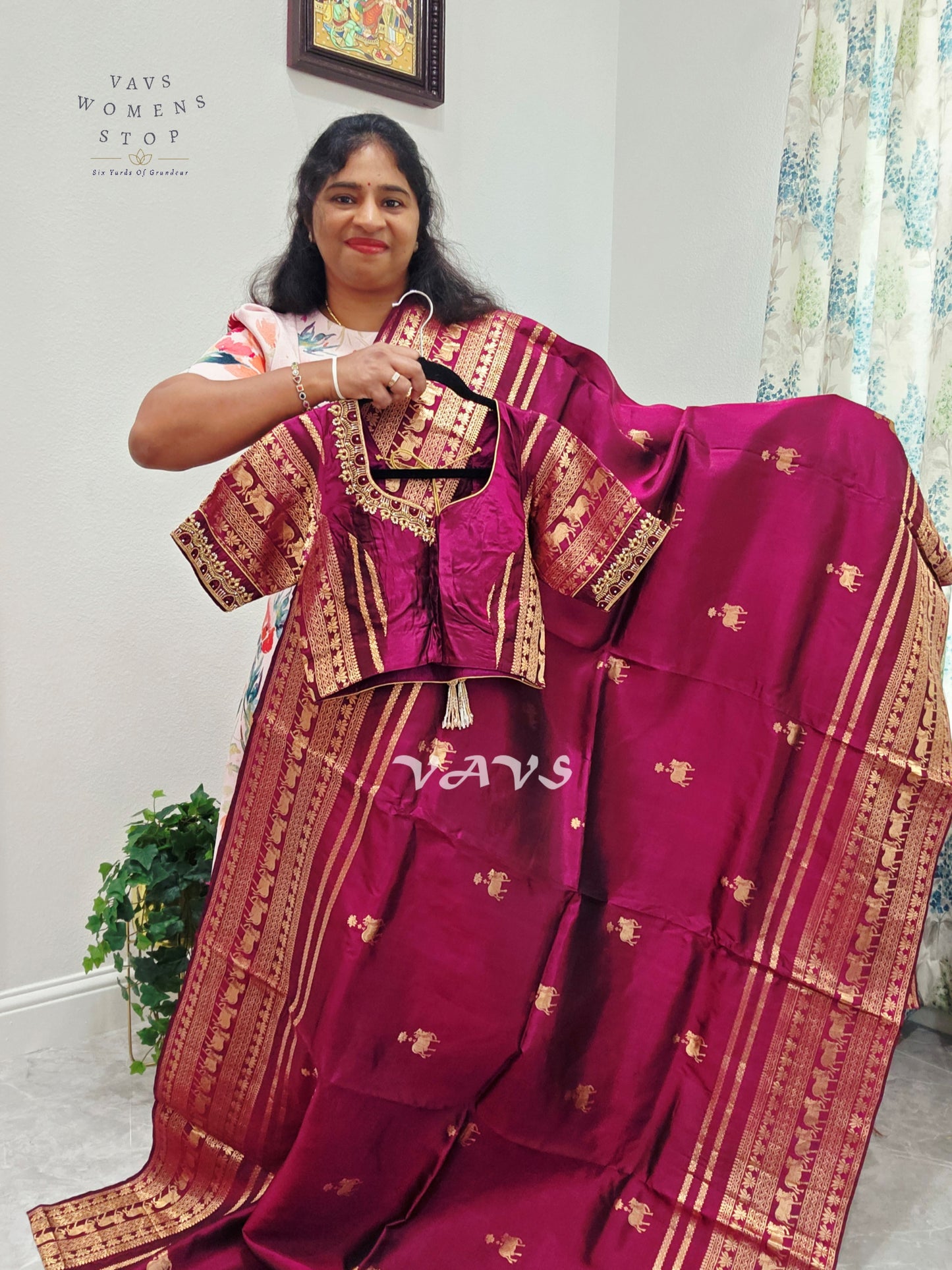 Regal Rani Wine Pure Kanchi Pattu Handloom Soft Silk Saree with Pichwai Buttas & Maggam Stitched Blouse Size 40-46