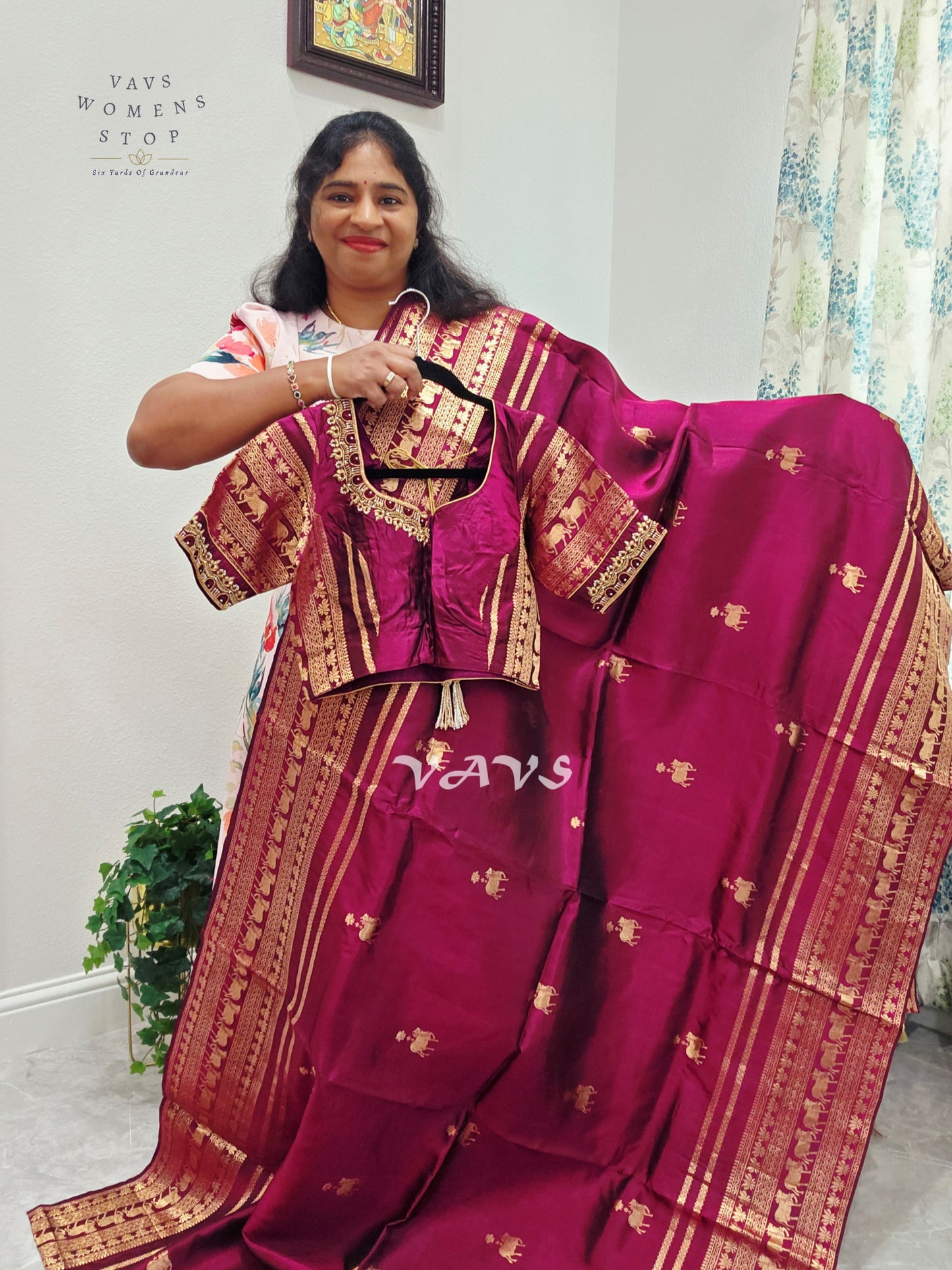 Regal Rani Wine Pure Kanchi Pattu Handloom Soft Silk Saree with Pichwai Buttas & Maggam Stitched Blouse Size 40-46