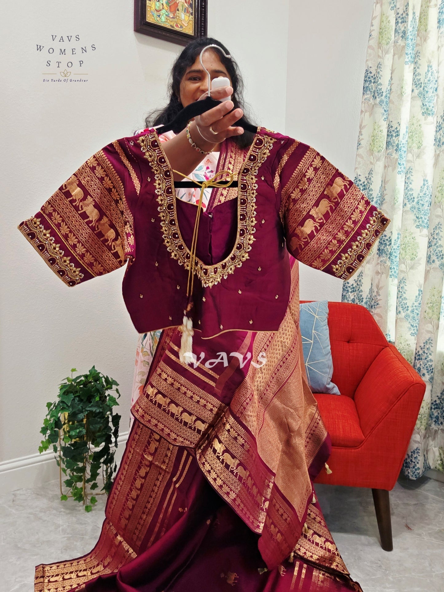 Regal Rani Wine Pure Kanchi Pattu Handloom Soft Silk Saree with Pichwai Buttas & Maggam Stitched Blouse Size 40-46