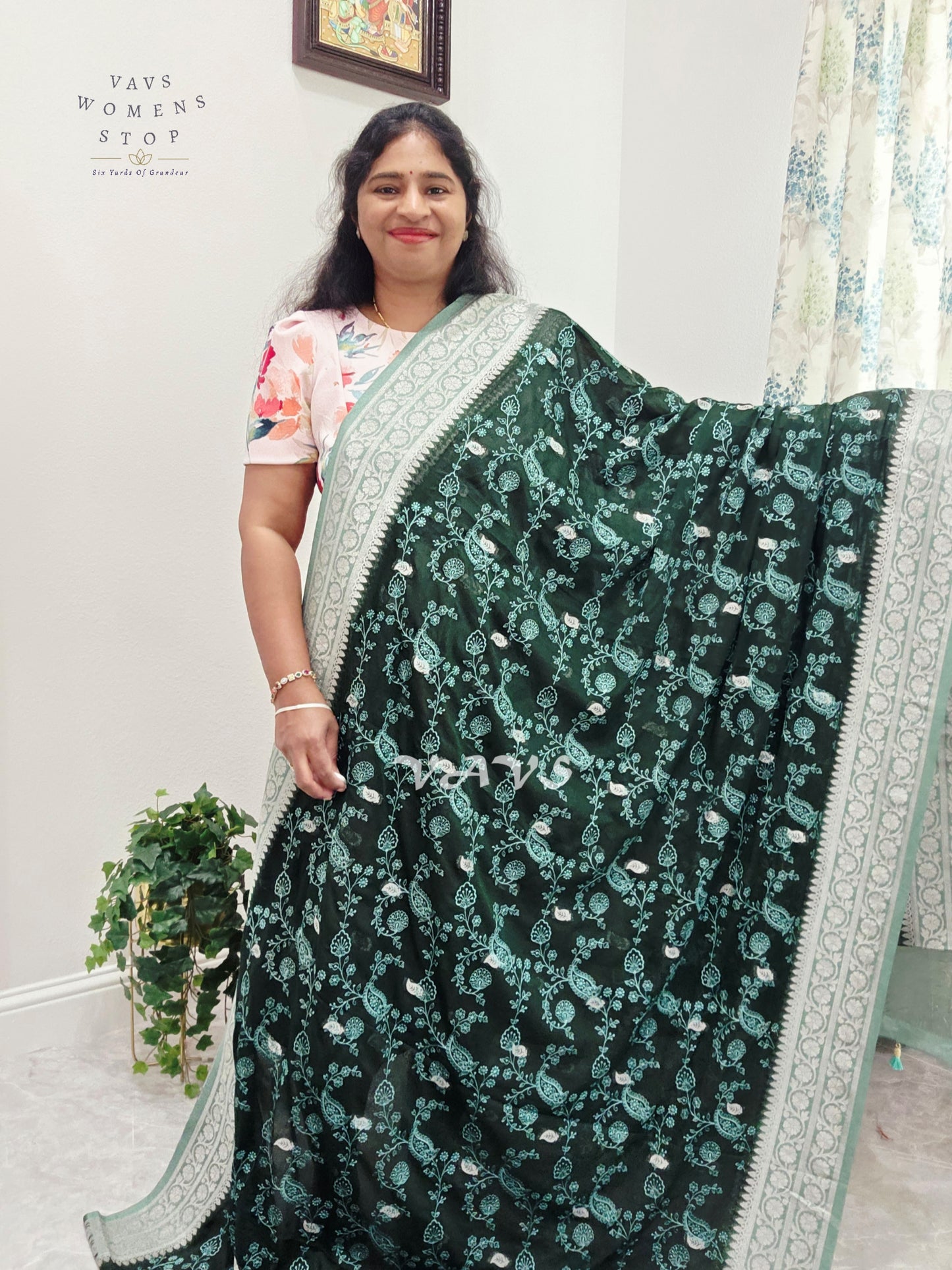 Emerald Forest Green Chiffon Chikankari Saree with Mint Pallu & Stitched Blouse Size 34-40
