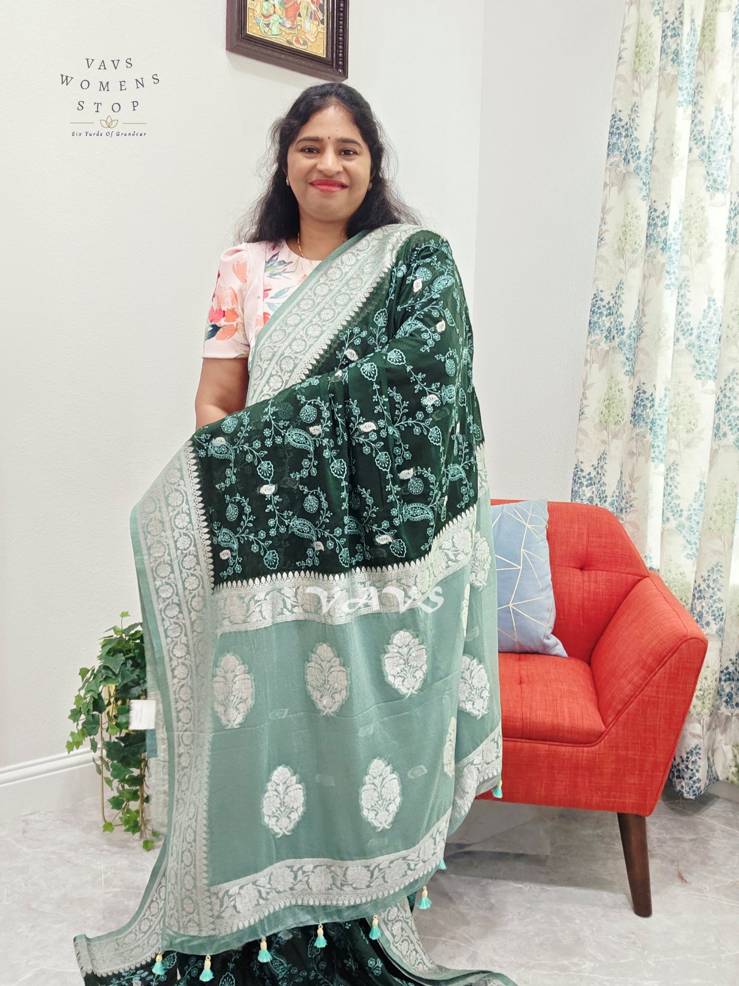 Emerald Forest Green Chiffon Chikankari Saree with Mint Pallu & Stitched Blouse Size 34-40