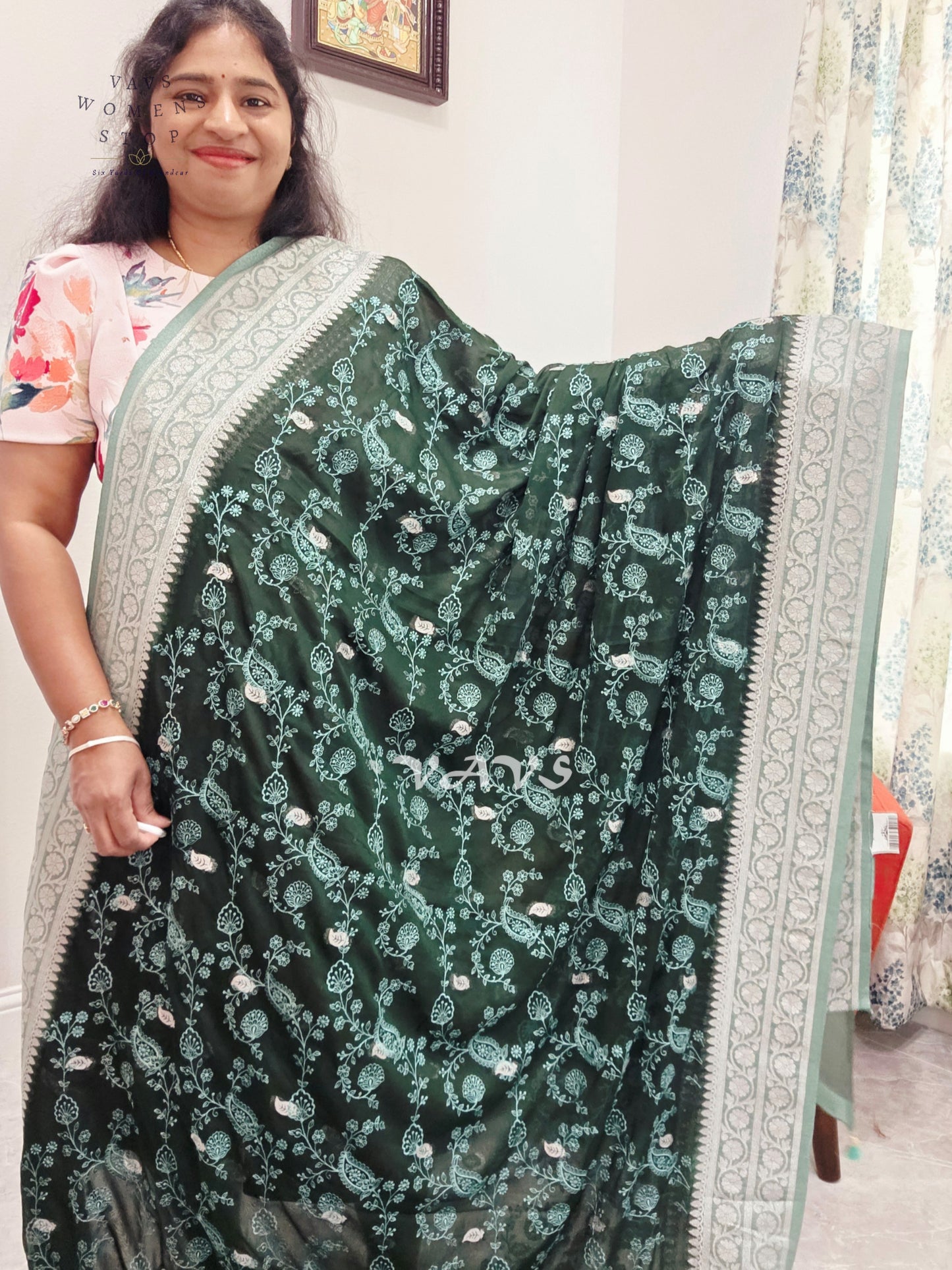Emerald Forest Green Chiffon Chikankari Saree with Mint Pallu & Stitched Blouse Size 34-40