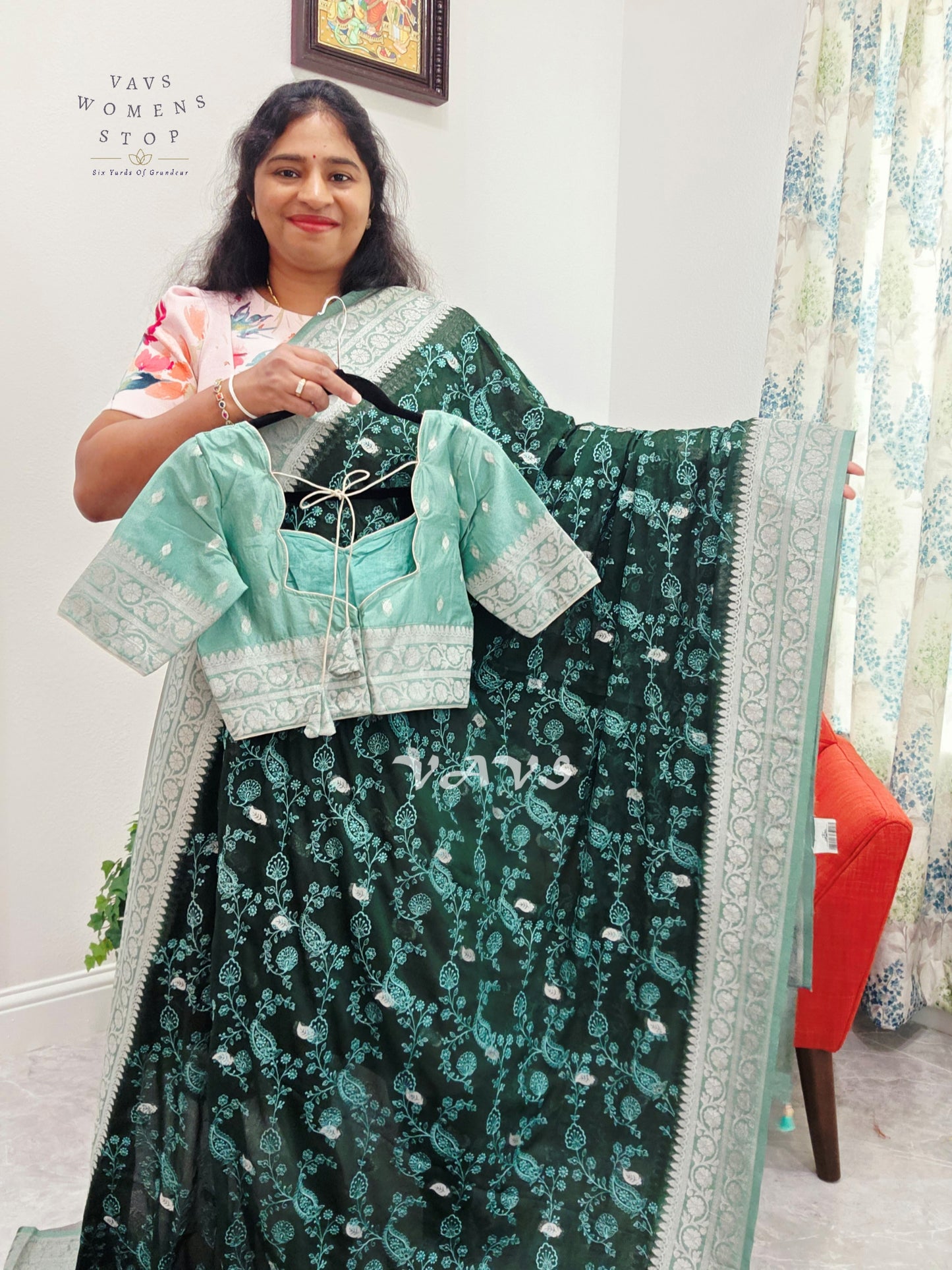 Emerald Forest Green Chiffon Chikankari Saree with Mint Pallu & Stitched Blouse Size 34-40