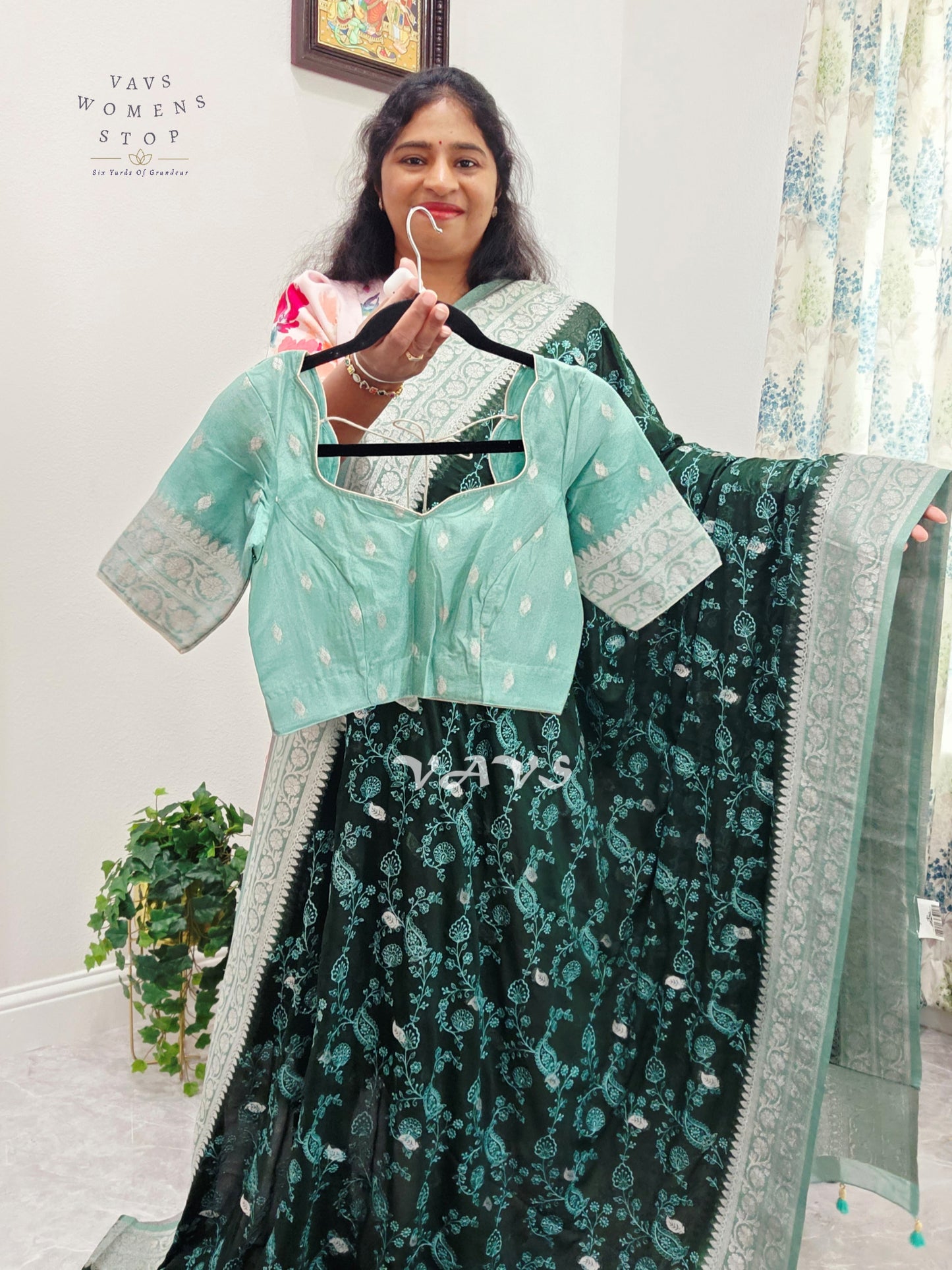 Emerald Forest Green Chiffon Chikankari Saree with Mint Pallu & Stitched Blouse Size 34-40