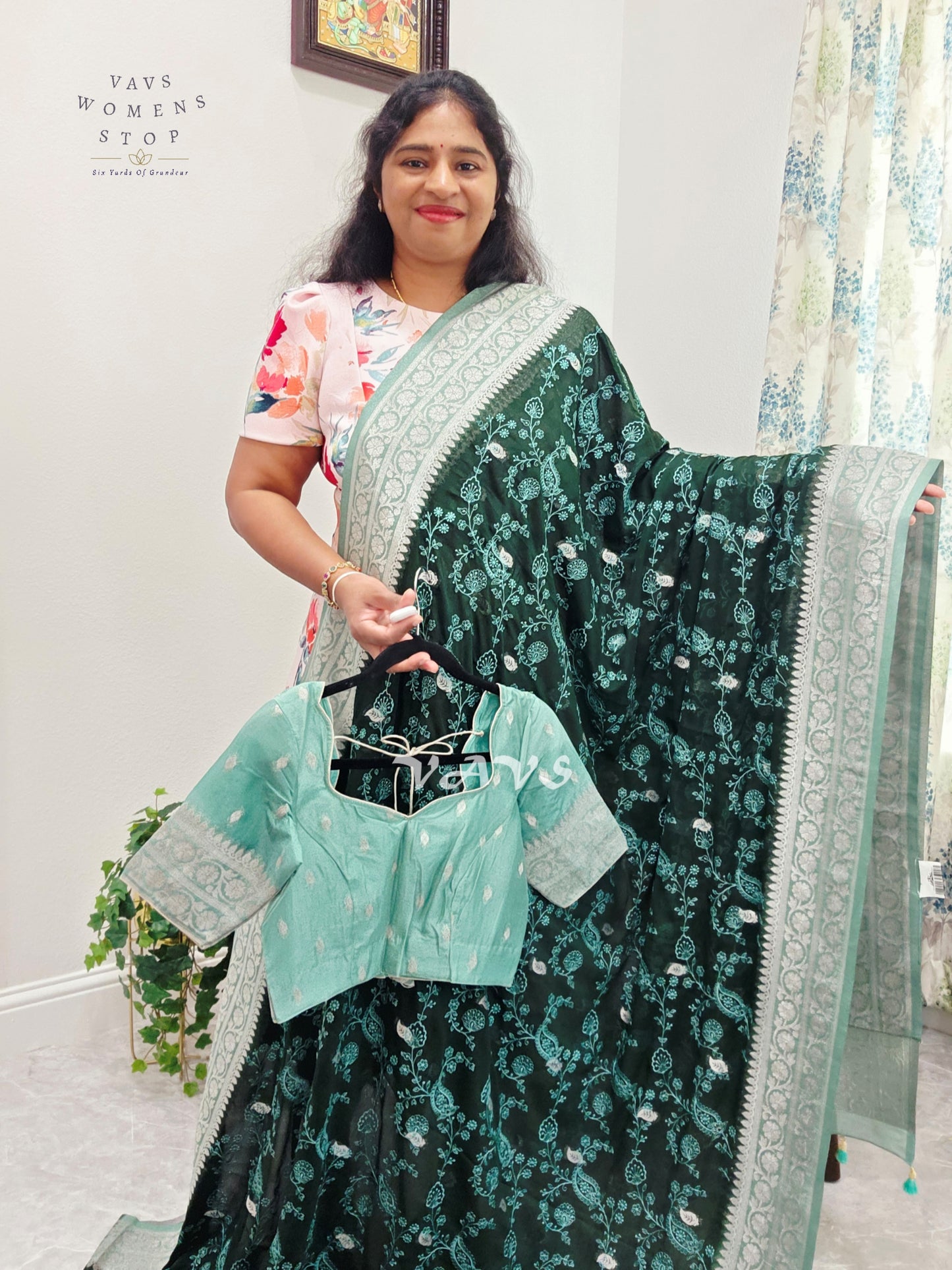 Emerald Forest Green Chiffon Chikankari Saree with Mint Pallu & Stitched Blouse Size 34-40