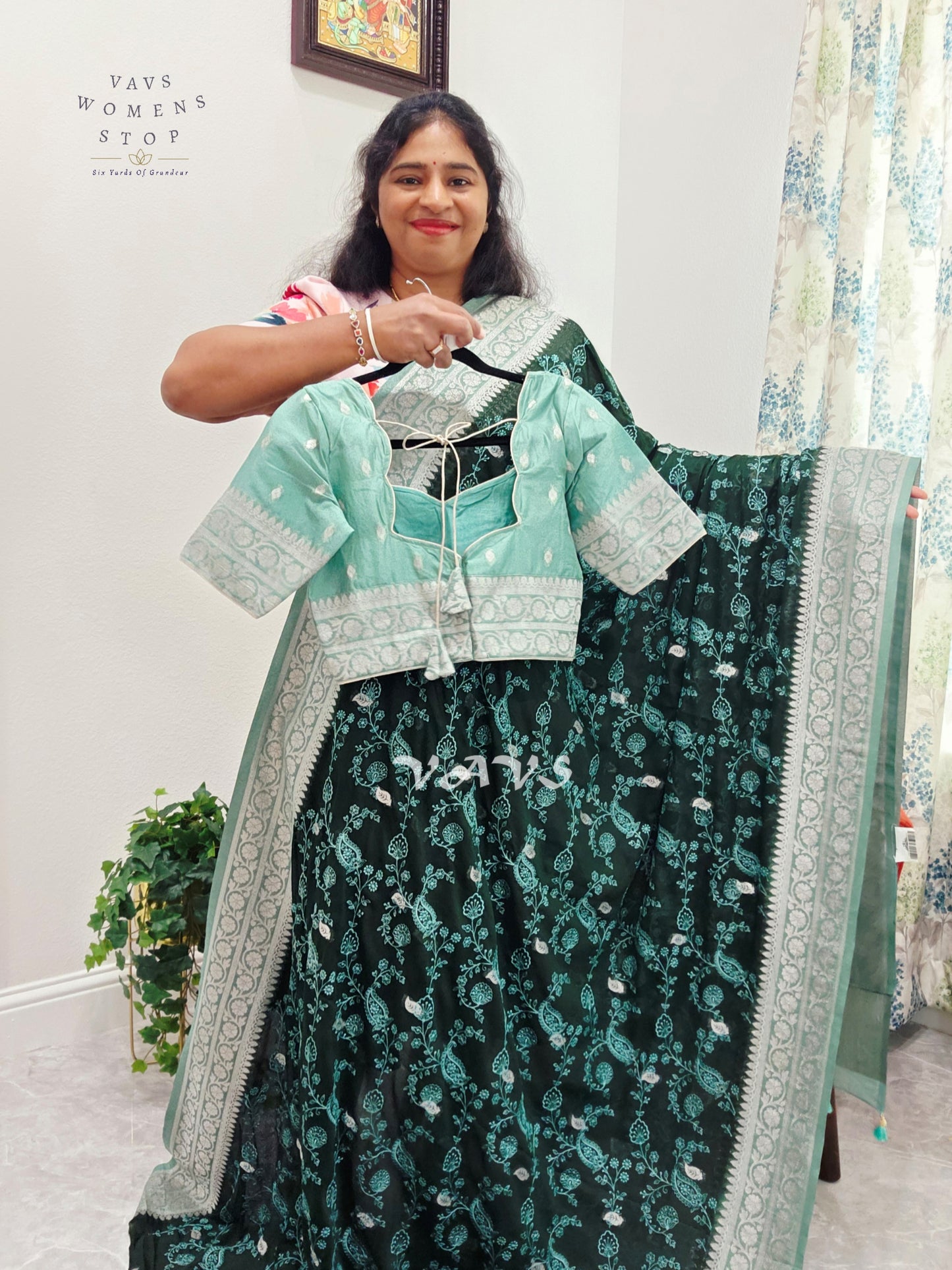 Emerald Forest Green Chiffon Chikankari Saree with Mint Pallu & Stitched Blouse Size 34-40