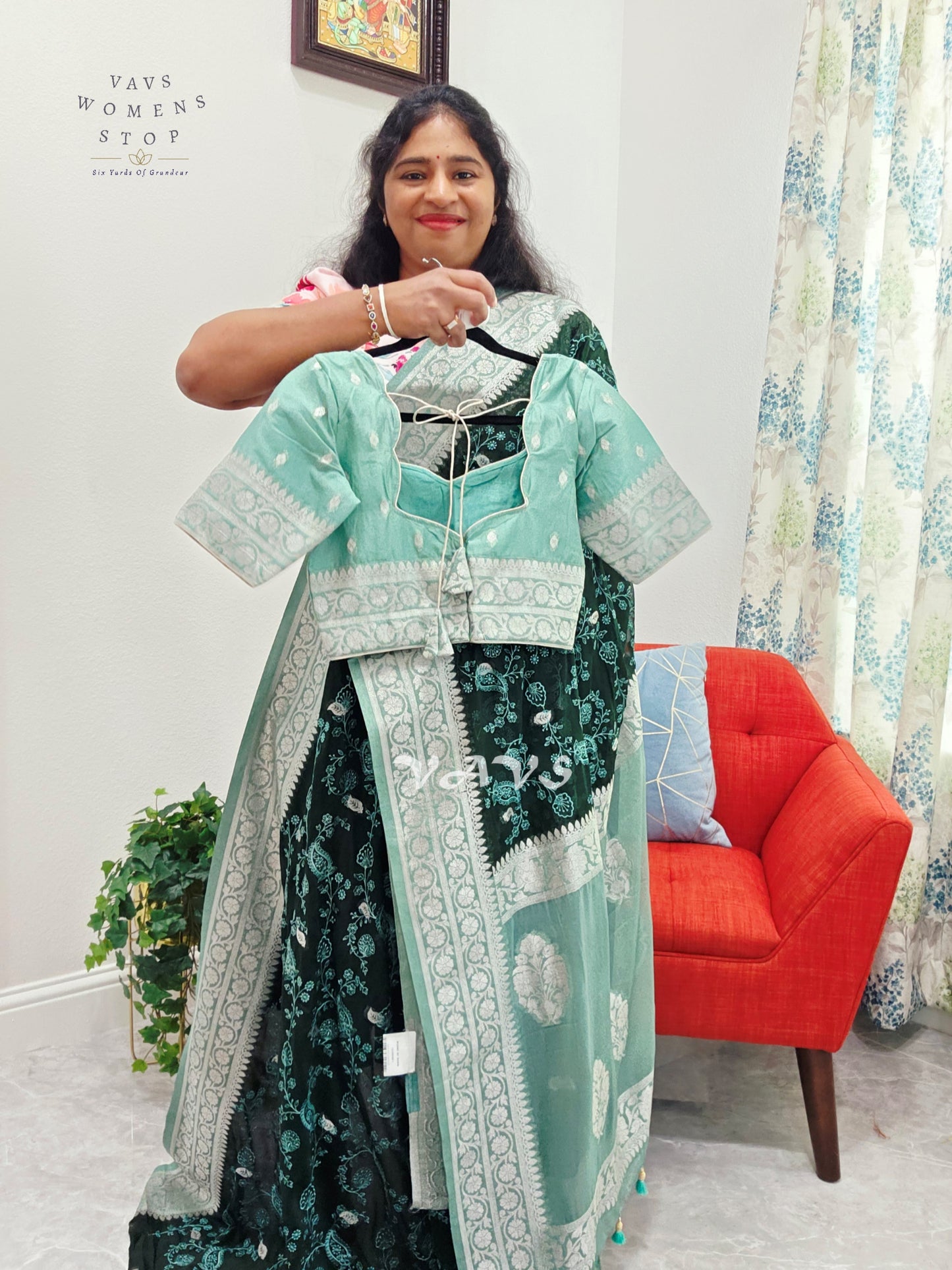 Emerald Forest Green Chiffon Chikankari Saree with Mint Pallu & Stitched Blouse Size 34-40