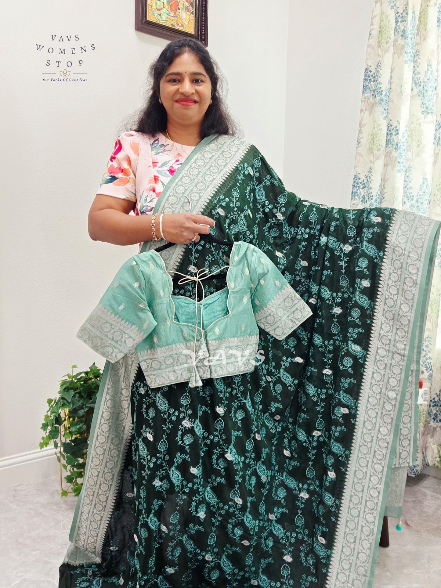 Emerald Forest Green Chiffon Chikankari Saree with Mint Pallu & Stitched Blouse Size 34-40