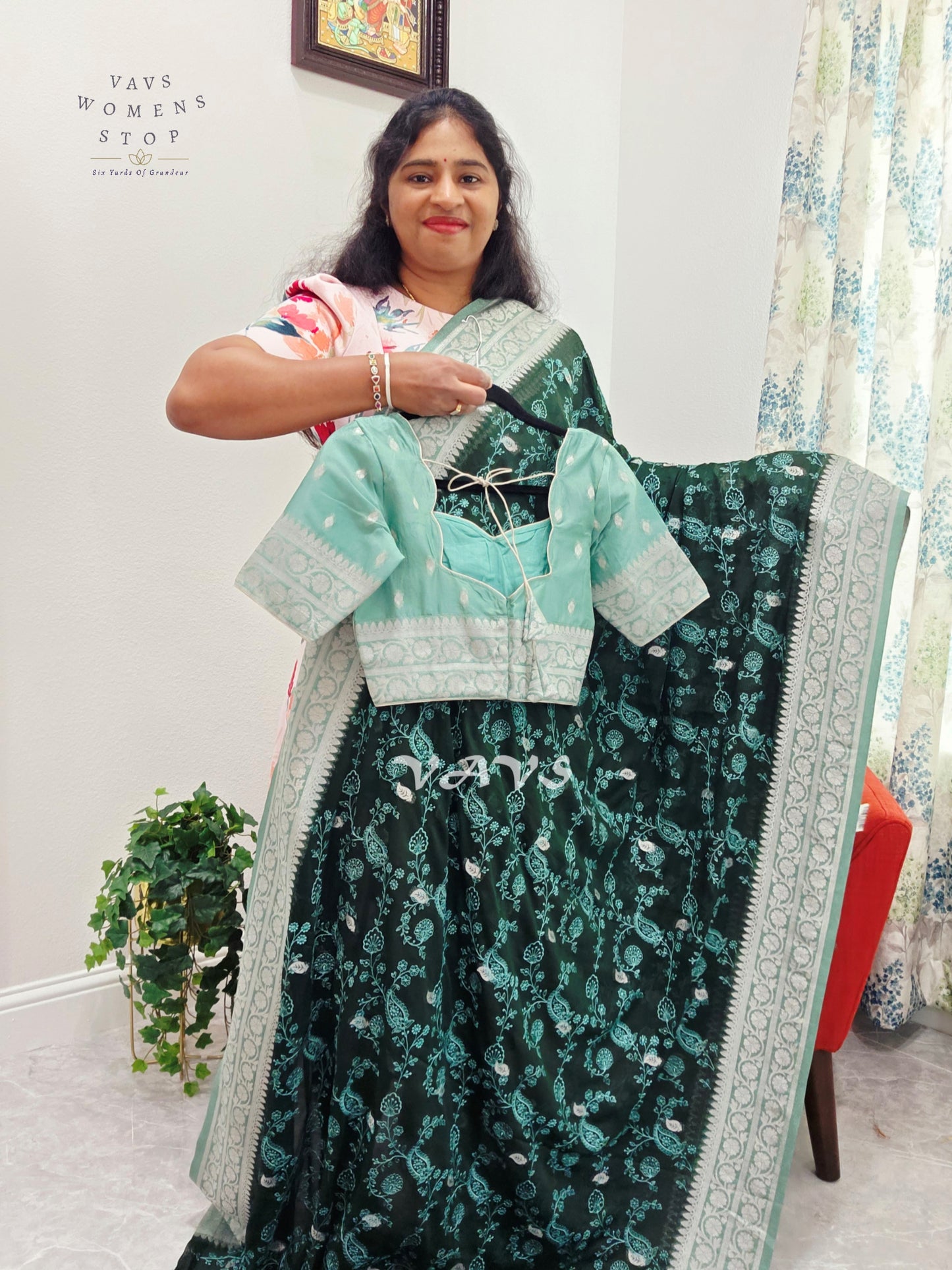 Emerald Forest Green Chiffon Chikankari Saree with Mint Pallu & Stitched Blouse Size 34-40
