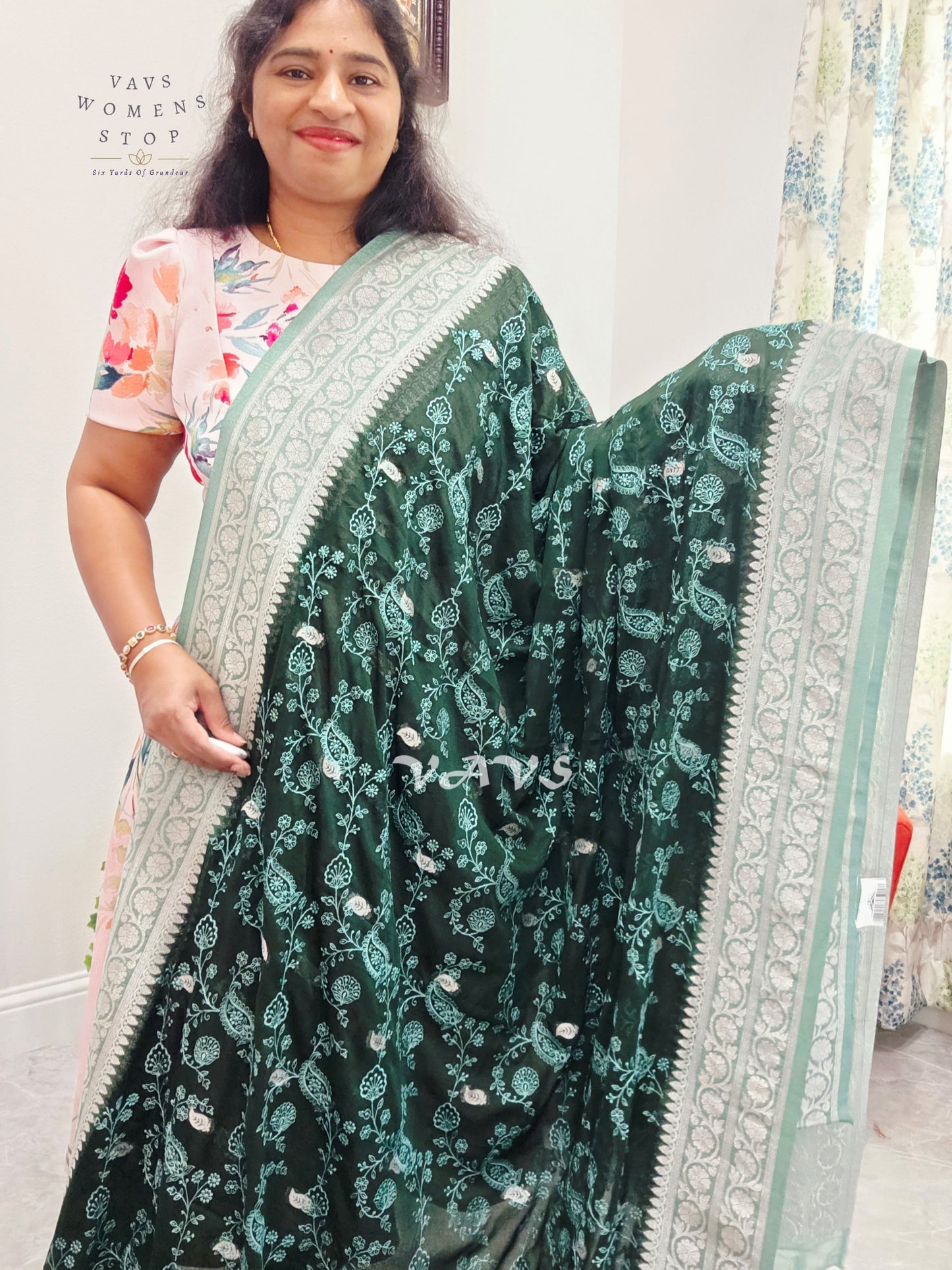 Emerald Forest Green Chiffon Chikankari Saree with Mint Pallu & Stitched Blouse Size 34-40