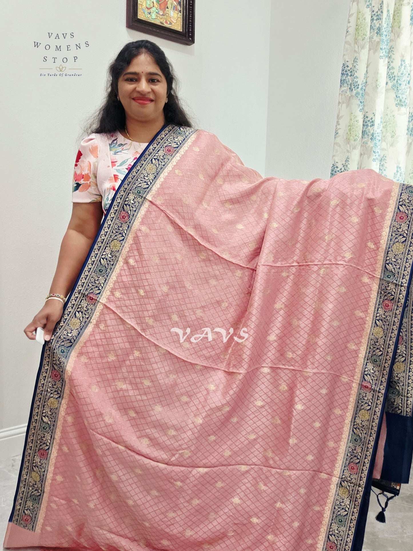 Blush Rose Pink Pure Munga Crepe Silk Saree with Midnight Navy Floral Border & Stitched Blouse Size 42, Extendable to 48